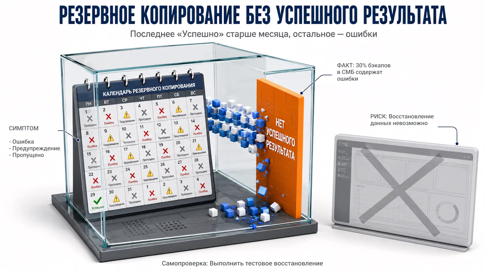 Изометрия - резервное копирование без успешного результата, календарь резервного копирования в стеклянном кубе