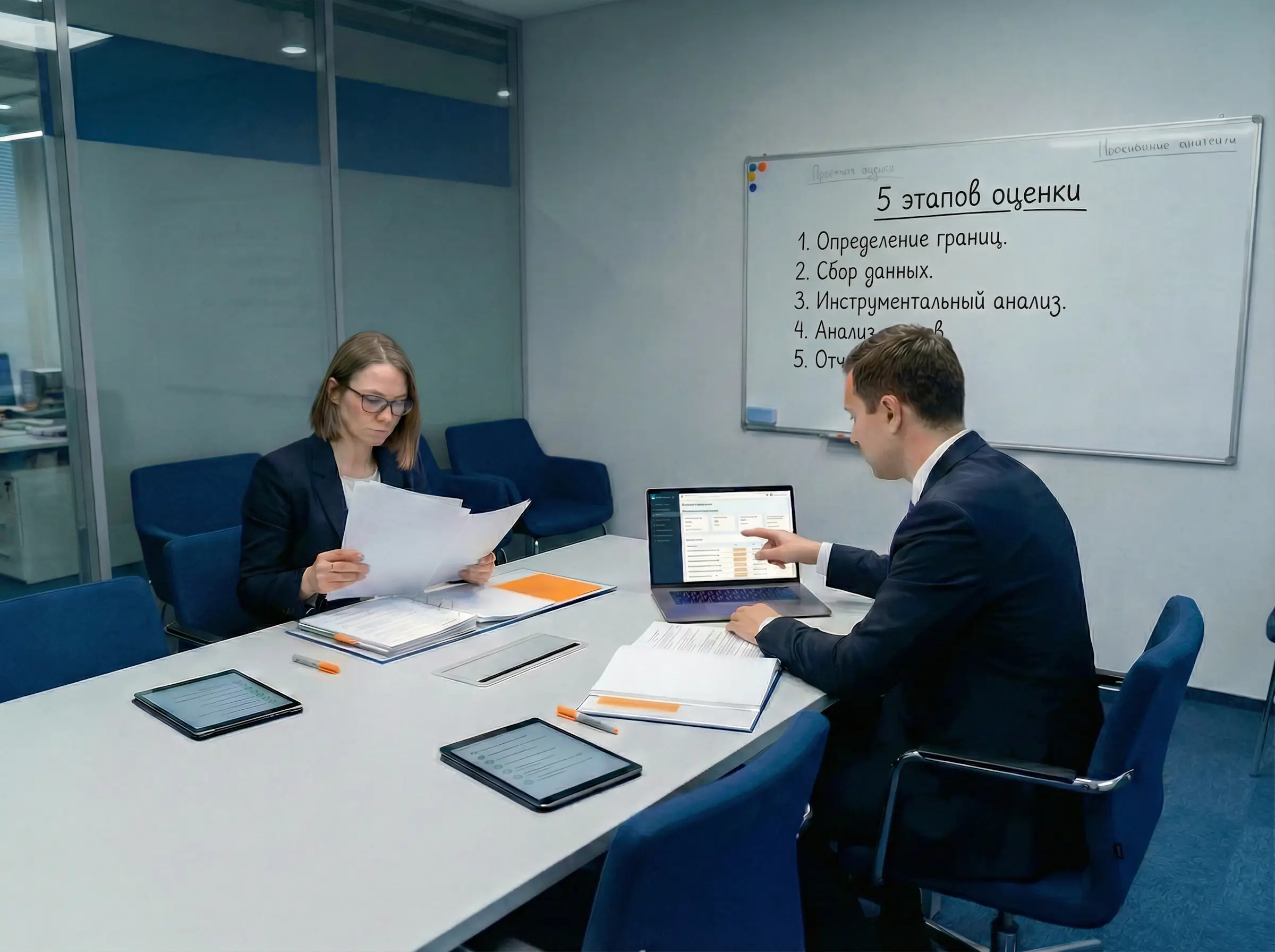 2 офисных сотрудника изучают 5 этапов оценки независимого ИБ предприятия