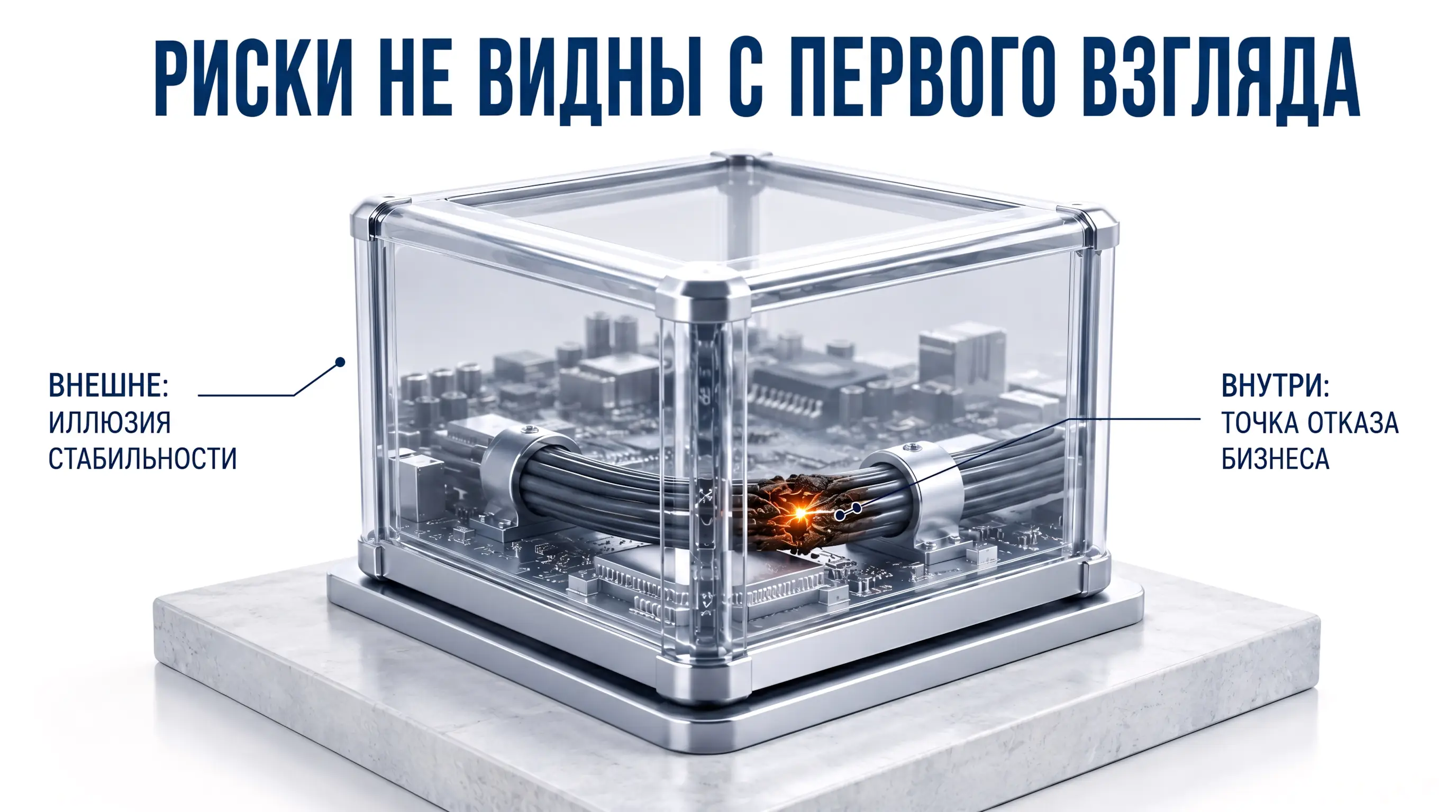 Инфографика стеклянный куб с кабелем - риски не видны с первого взгляда