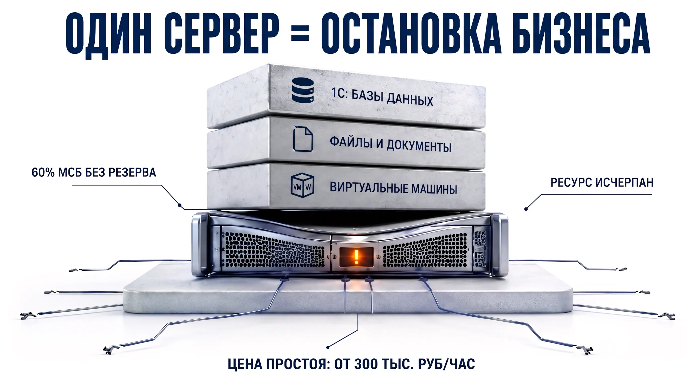 Инфографика в виде раздавленного сервера - один сервер = остановка бизнеса