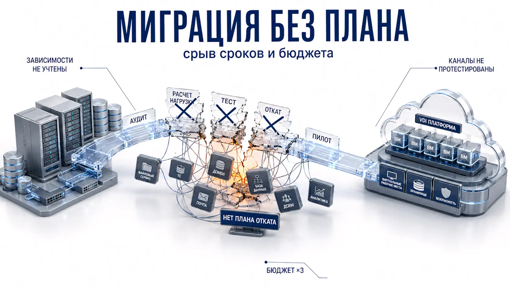 Инфографика миграция без плана - описание проблем - срыв сроков и бюджета