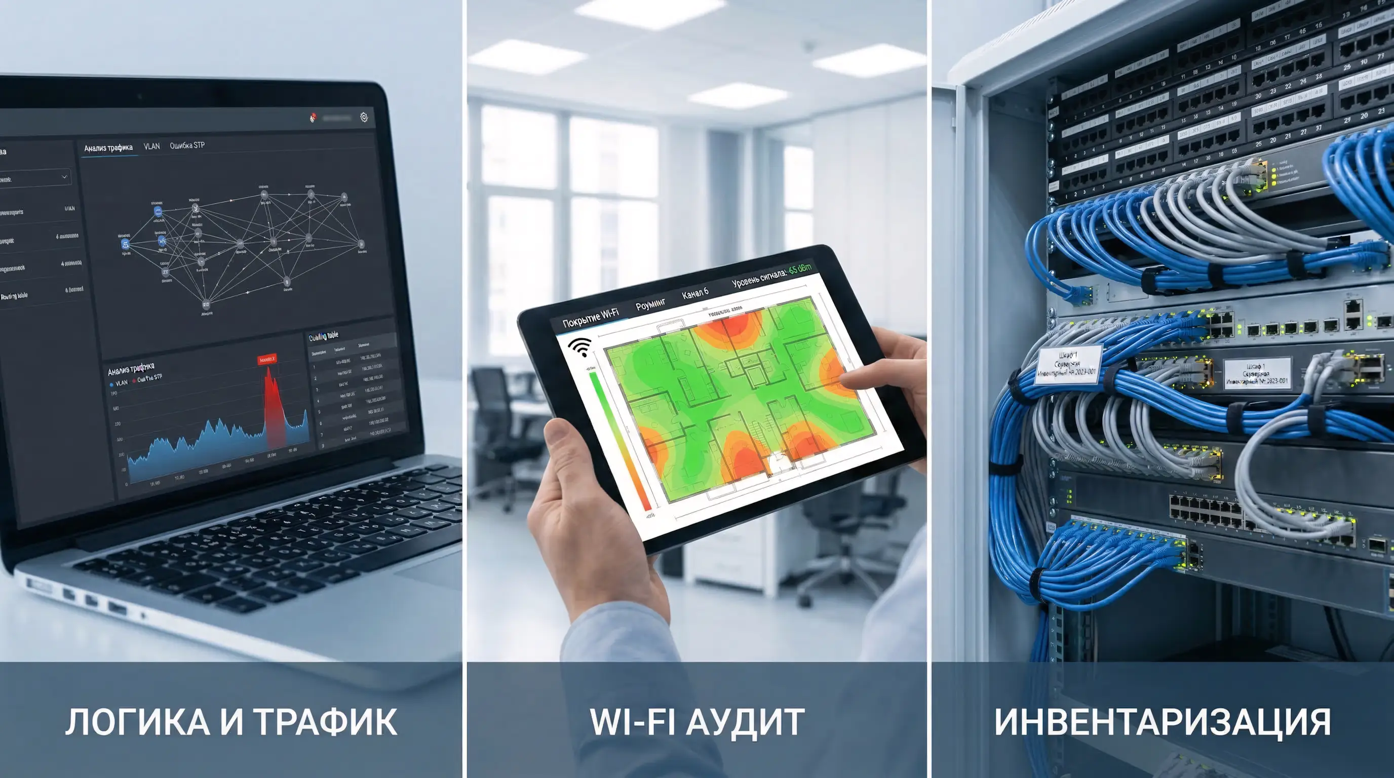 Три этапа ИТ-аудита: анализ логики и сетевого трафика на ноутбуке, аудит Wi-Fi покрытия с тепловой картой на планшете и физическая инвентаризация коммутаторов с кабелями в серверной стойке.
