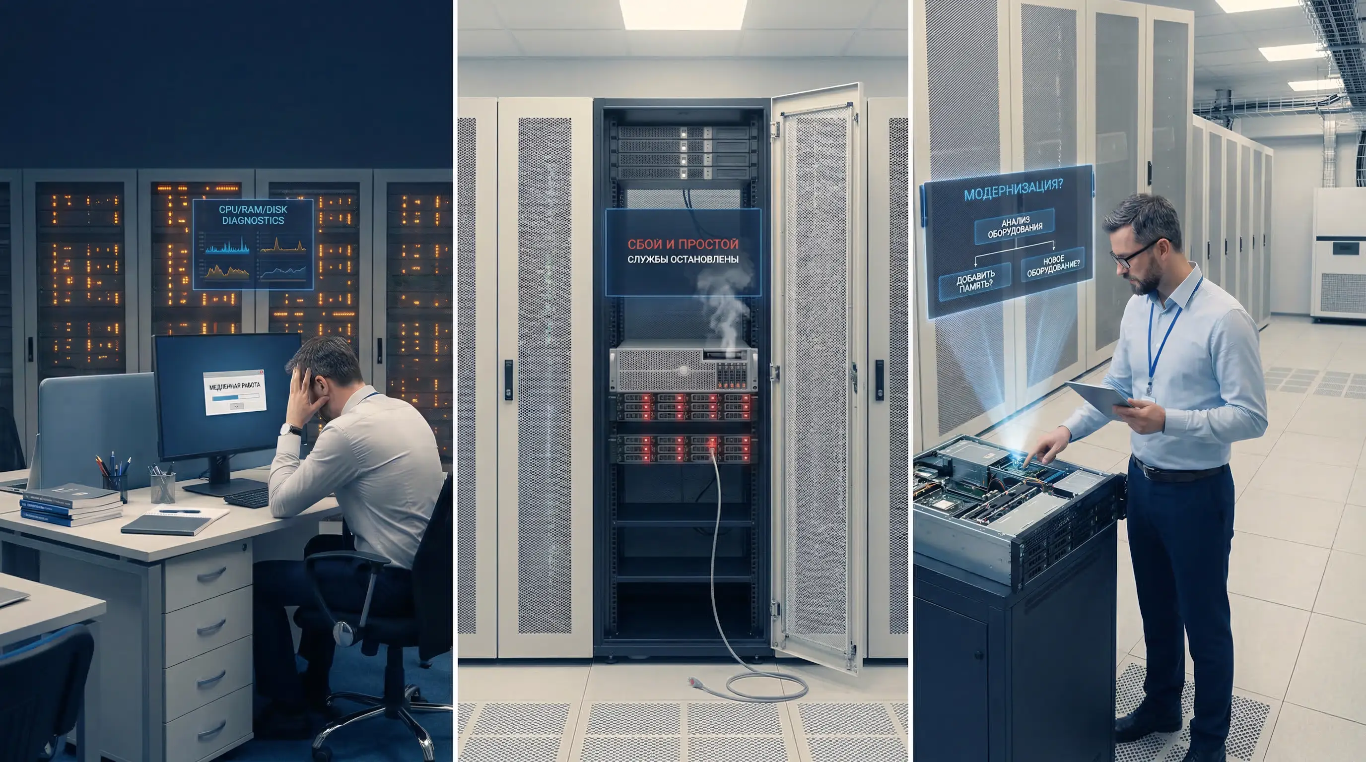 Коллаж из трех ситуаций, требующих диагностики сервера: системный администратор в отчаянии перед монитором с надписью "МЕДЛЕННАЯ РАБОТА", дымящийся сервер в стойке с предупреждением "СБОЙ И ПРОСТОЙ", и ИТ-специалист, планирующий аппаратное обновление ("МОДЕРНИЗАЦИЯ?") над открытым корпусом сервера в дата-центре.