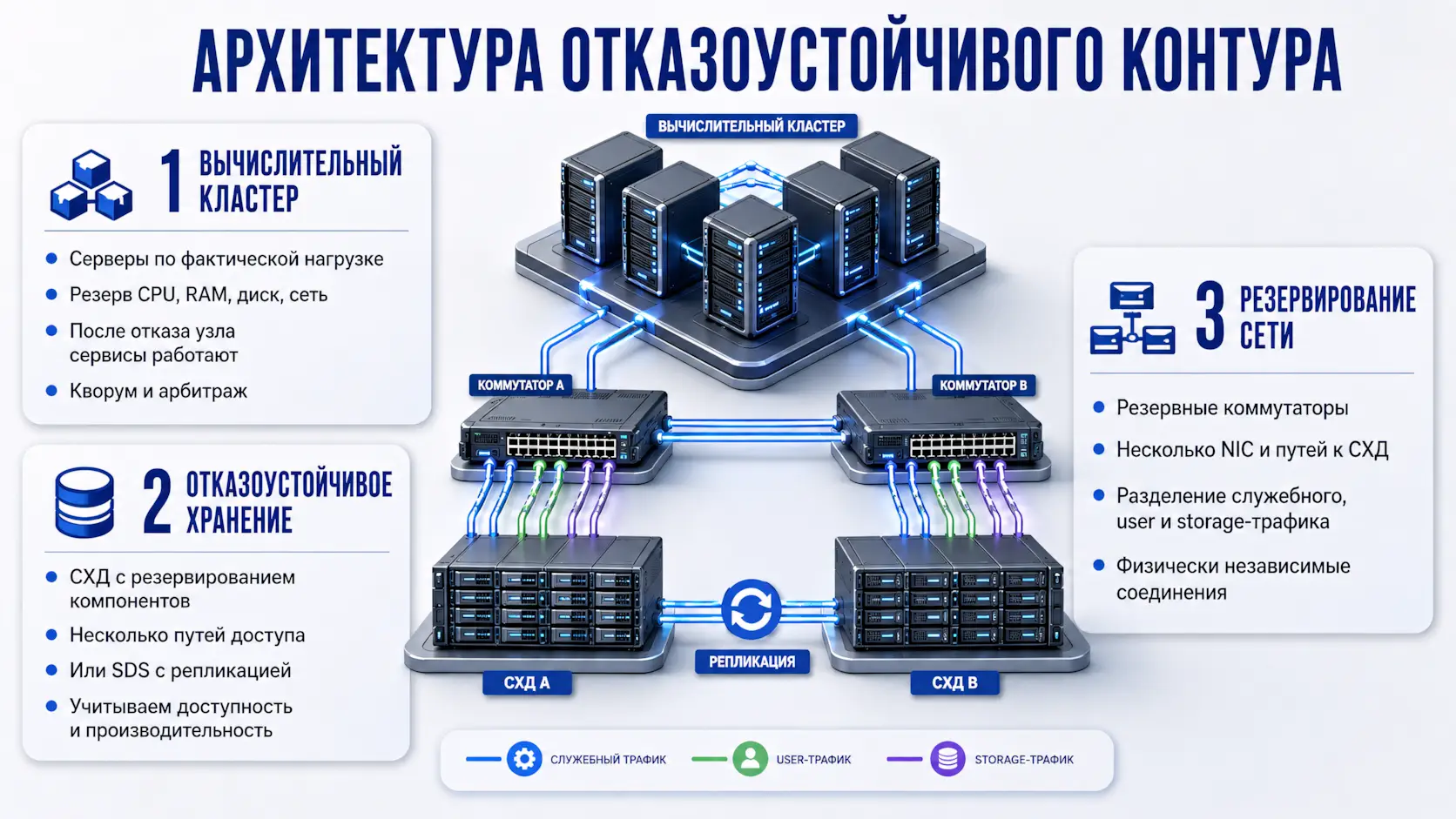 3д инфографика архитектуры отказоустойчивого контура - вычислительный кластер, отказоустойчивое хранение, резервирование сети
