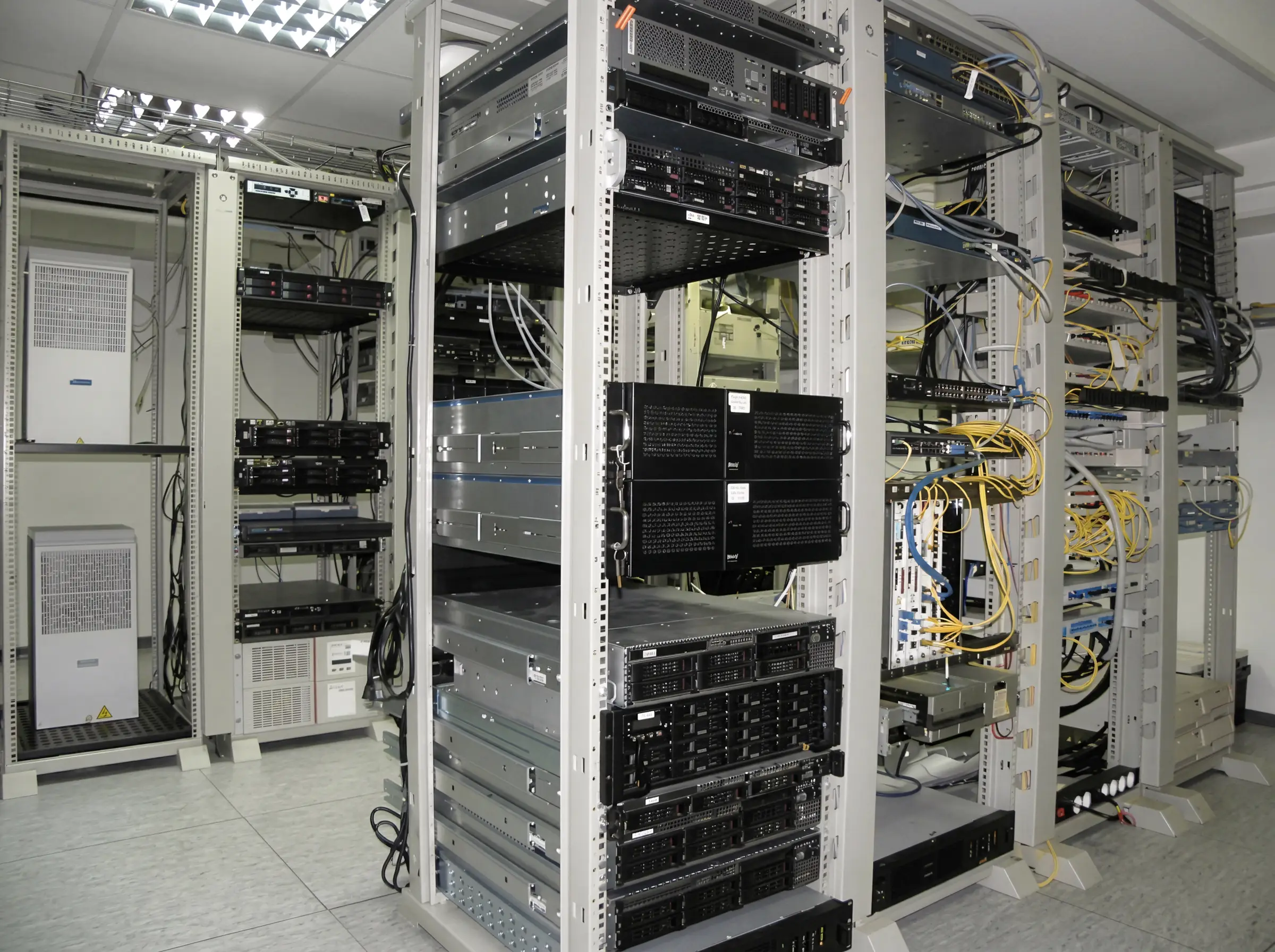 Серверная комната с телекоммуникационными стойками, серверами, сетевым оборудованием и кабельной коммутацией