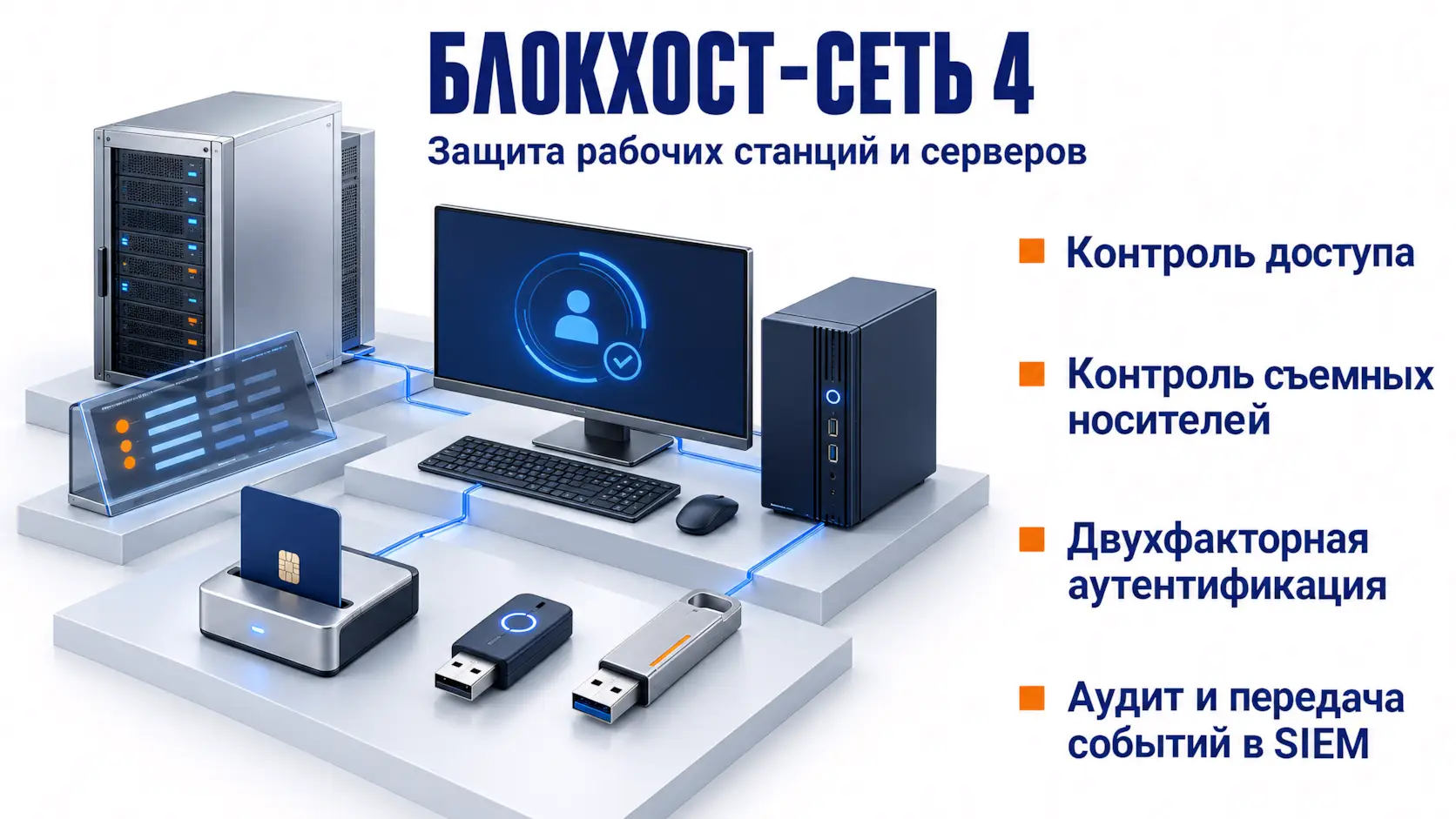 Схема защиты конечных точек «БЛОКХОСТ-СЕТЬ 4». 3D-визуализация демонстрирует контроль доступа к рабочим станциям и серверам, защиту от утечек через съемные носители (USB, смарт-карты), двухфакторную аутентификацию и интеграцию с SIEM для аудита событий безопасности.