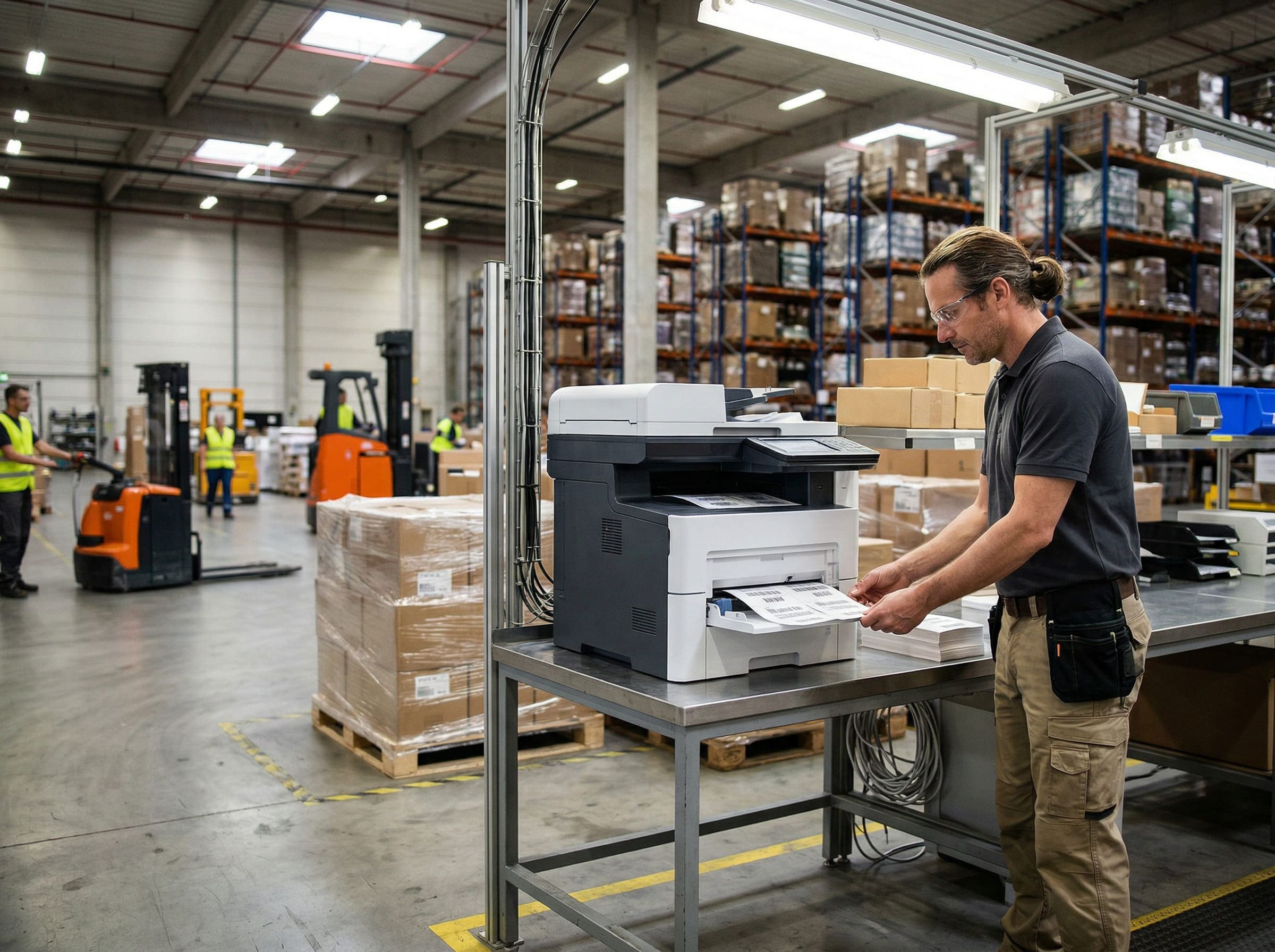 Сотрудник печатает документы на МФУ в складском помещении рядом с палетами, стеллажами и погрузчиками