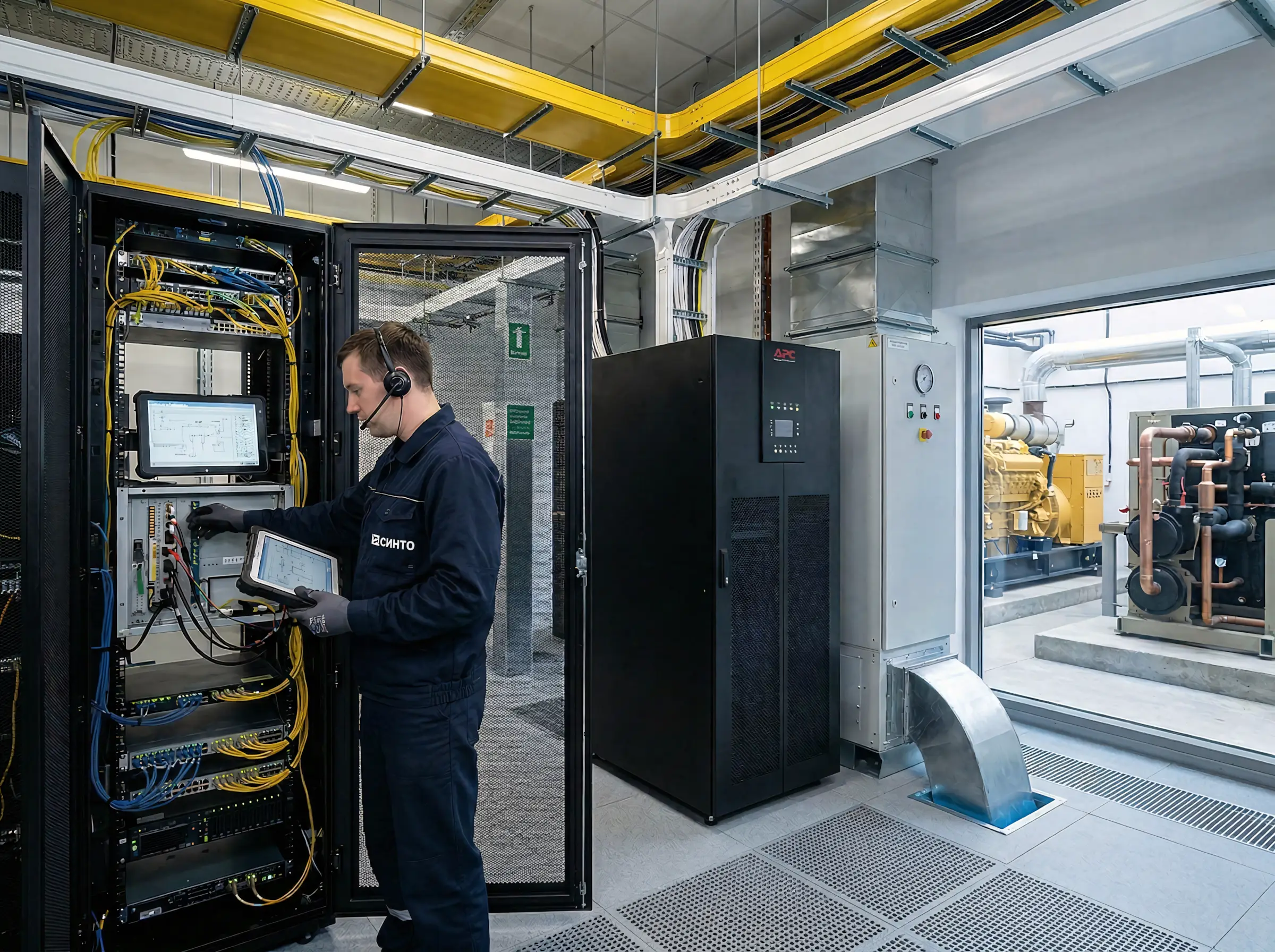 Инженерные системы для бесперебойной работы ЦОД Специалист обслуживает инженерные системы ЦОД: серверная стойка, ИБП и оборудование холодоснабжения в техническом помещении