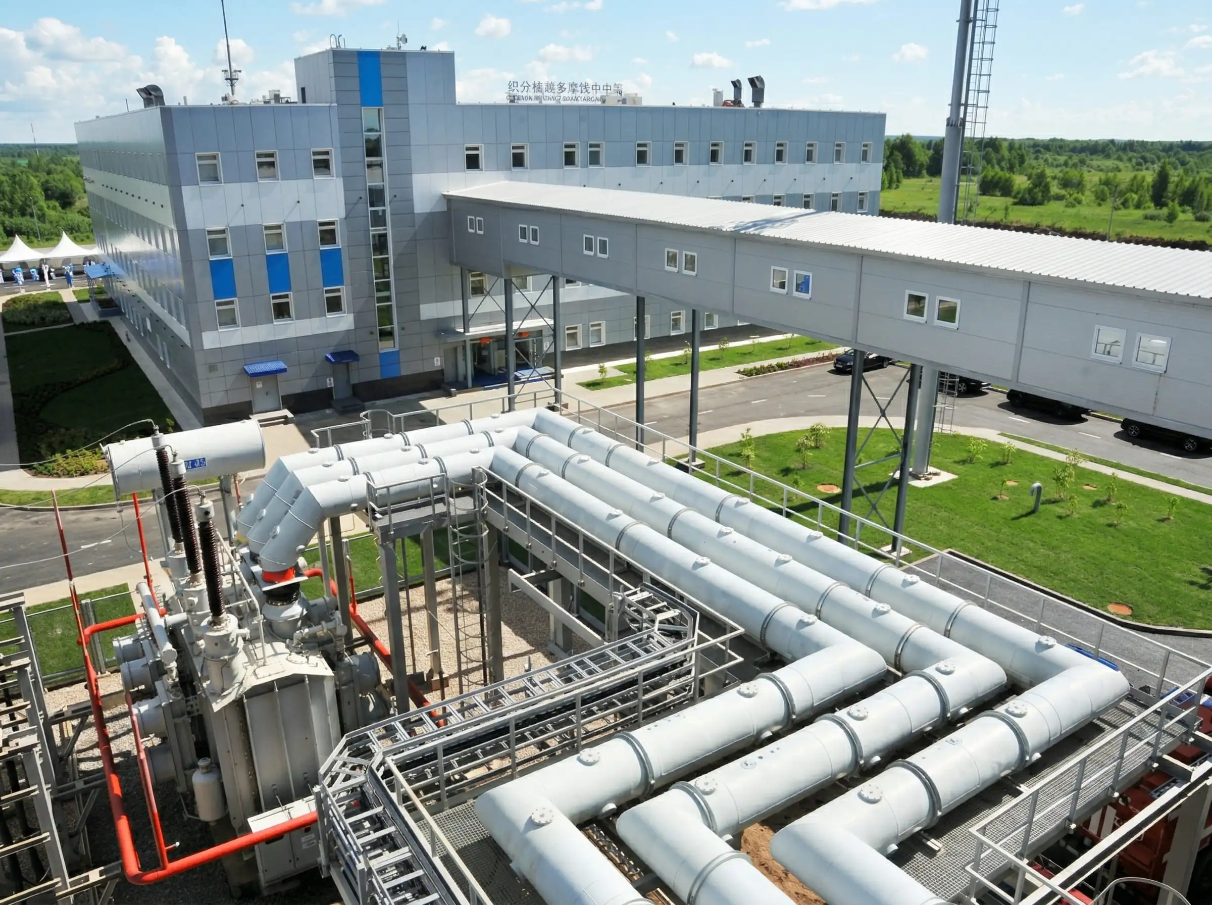 Промышленное здание с надземным переходом, технологическими трубопроводами и инженерным оборудованием на территории предприятия