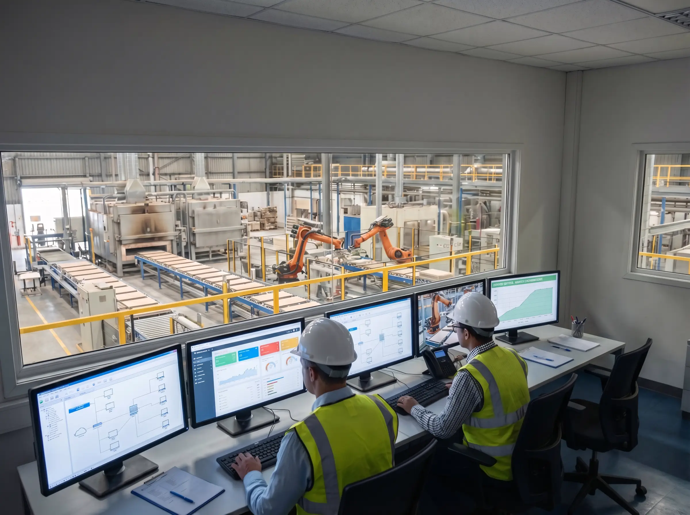 Два инженера выполняют миграцию ИТ инфраструктуры на керамическом заводе Два инженера мониторят ИТ инфраструктуру, на заднем плане керамический завод