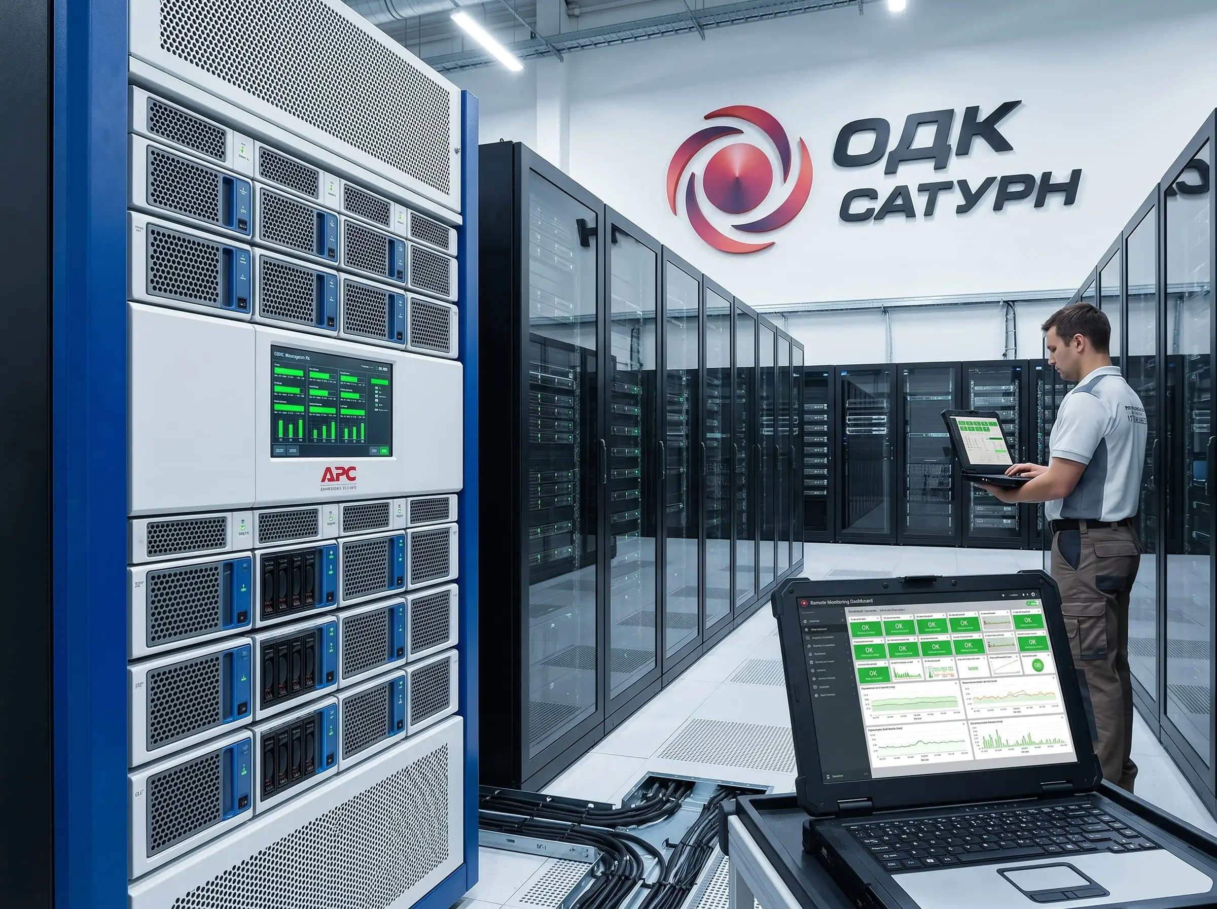 Фотореалистичный интерьер промышленного ЦОДа Сатурн Фотореалистичный интерьер промышленного ЦОДа. На переднем плане - стойка с ИБП APC Symmetra. На дисплее ИБП - показатели нагрузки. На заднем плане - серверные стойки и инженер с ноутбуком. Логотип Сатурн на стене.