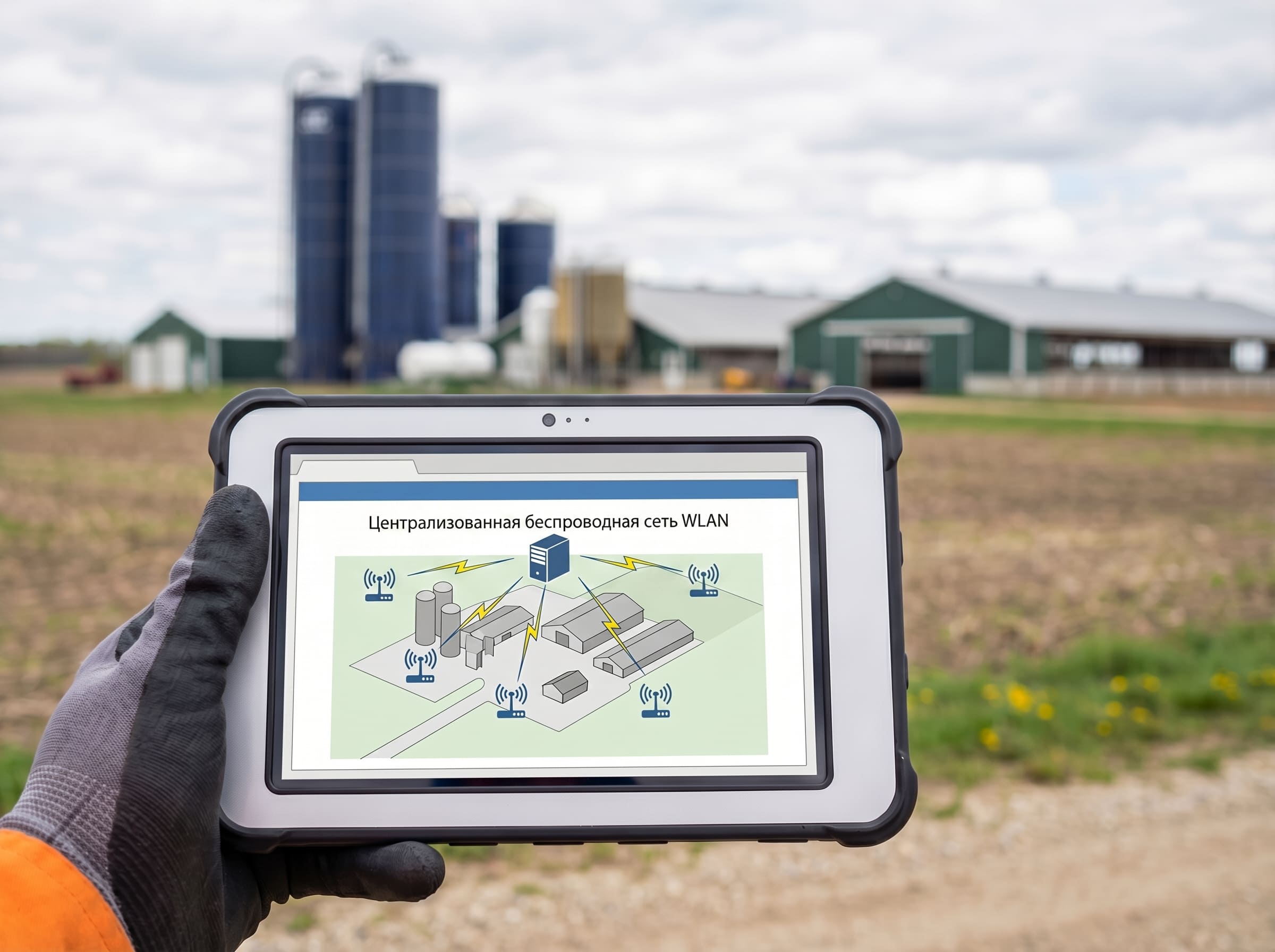 Модернизация корпоративной сети передачи данных для АПК-холдинга Рука инженера с планшетом, на котором отображается WLAN-сеть с централизованным контролем, а на заднем плане размыто агрохолдинг.