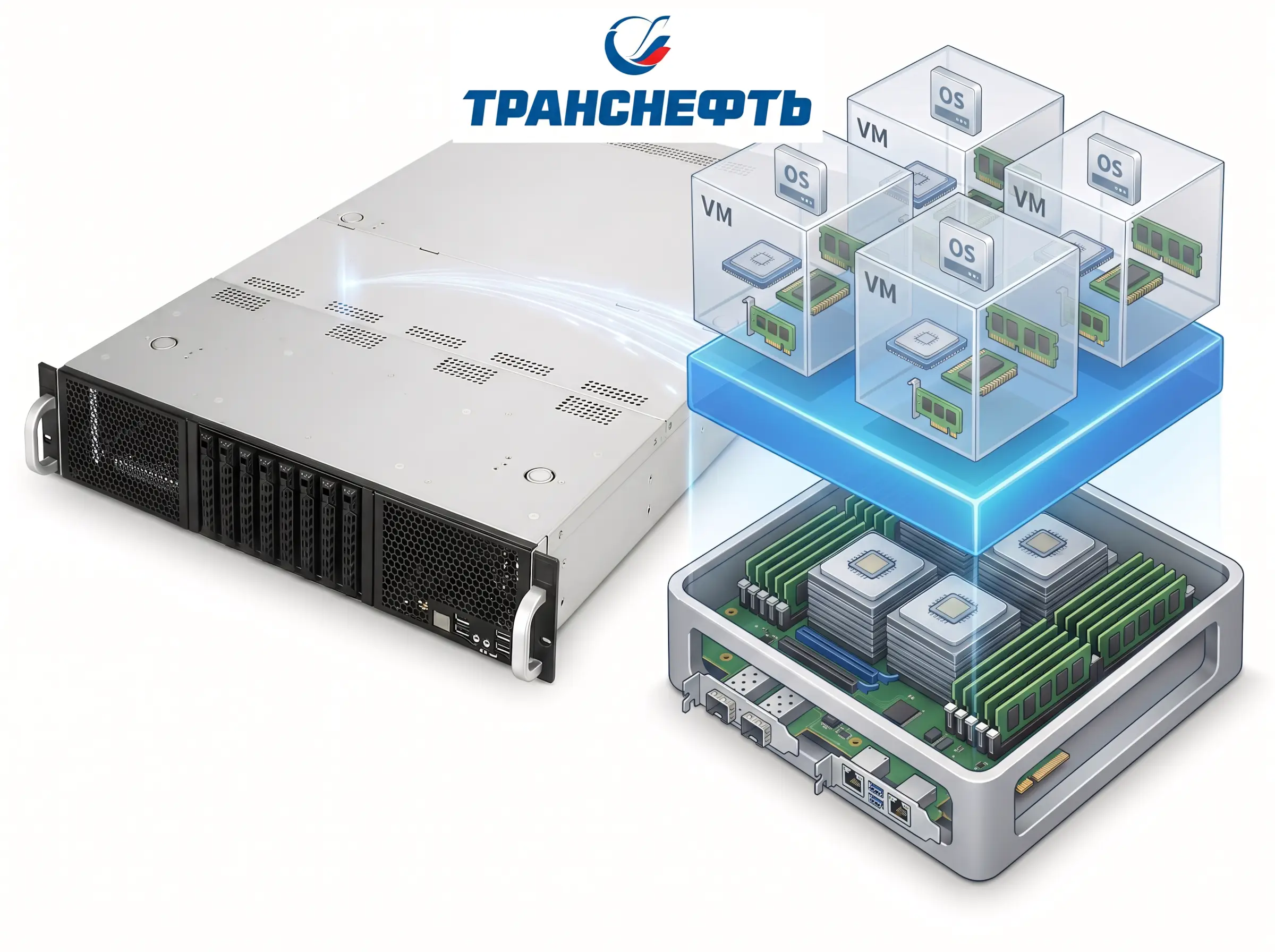 Схематичное изображение виртуализации ИТ инфраструктуры с логотипом Транснефть