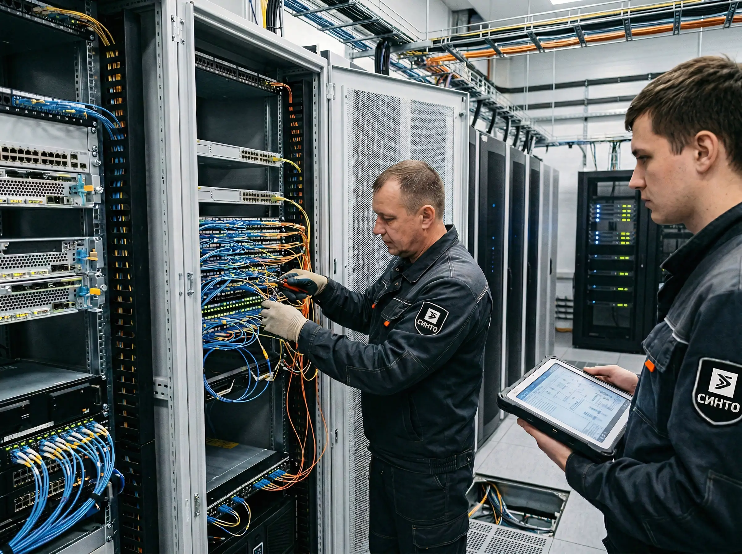 Переход на цифровую АТС и модернизация телефонной инфраструктуры Специалисты выполняют монтаж и настройку цифровой АТС и сетевого оборудования в серверной предприятия