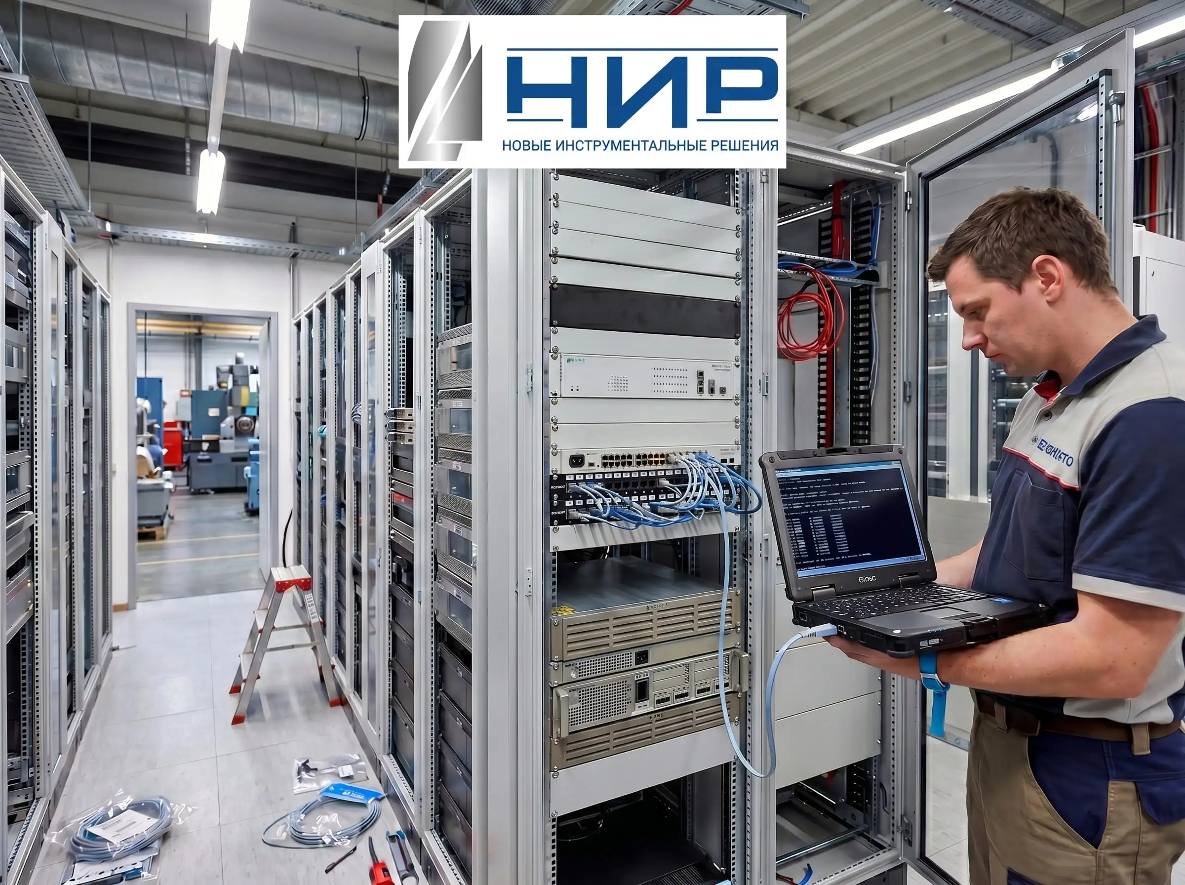 Фотореалистичный интерьер серверной. На переднем плане  стойка с новым сетевым оборудованием «Eltex». Инженер с ноутбуком настраивает новое устройство.