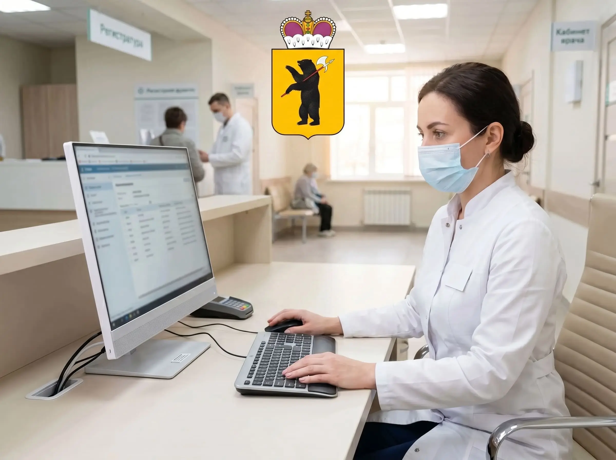Автоматизированное место врача в поликлинике Ярославской области Автоматизированное место врача, врач девушка в медицинской маске, посередине логотип Ярославской области
