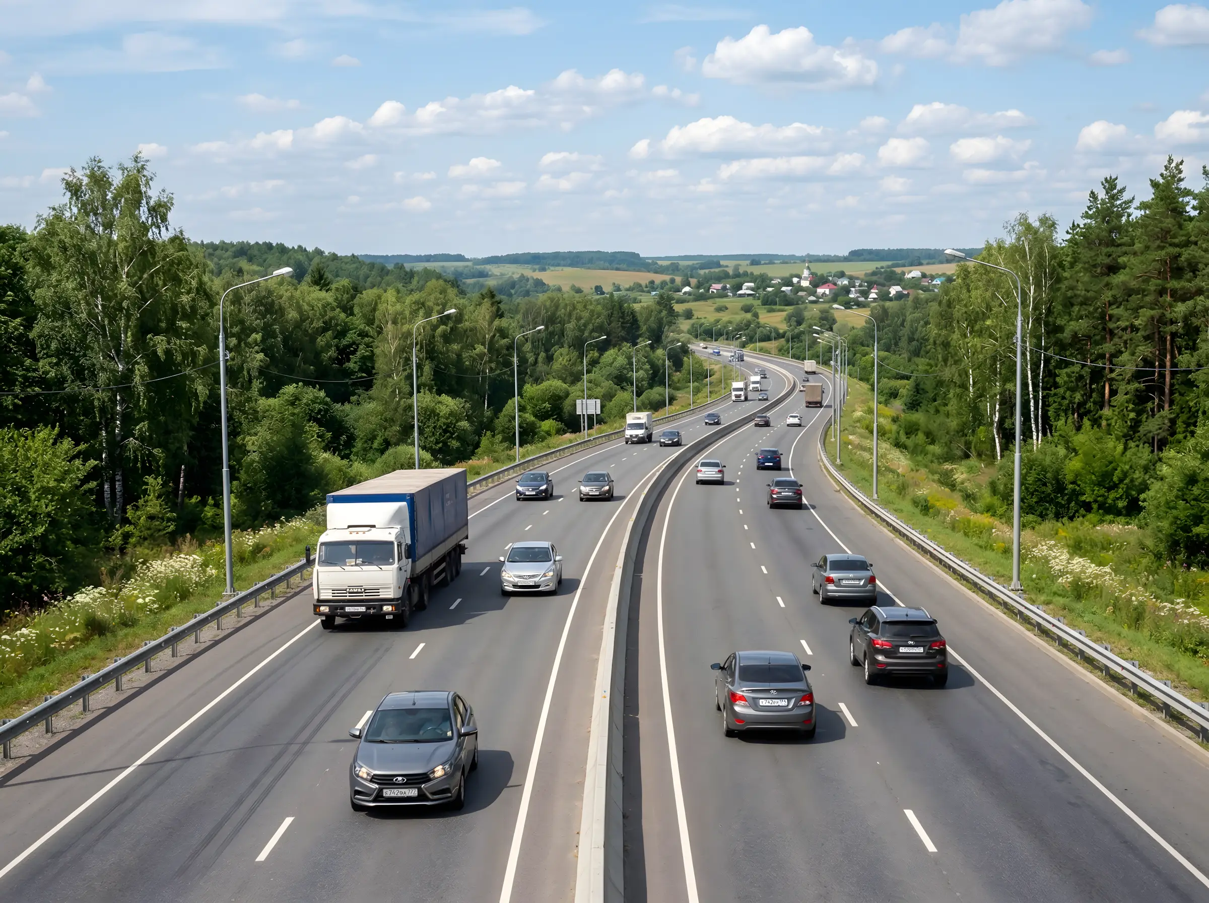 Летний пейзаж с оживлённой дорогой, по которой едут легковые автомобили и грузовики, окружённой зелёными деревьями и полями