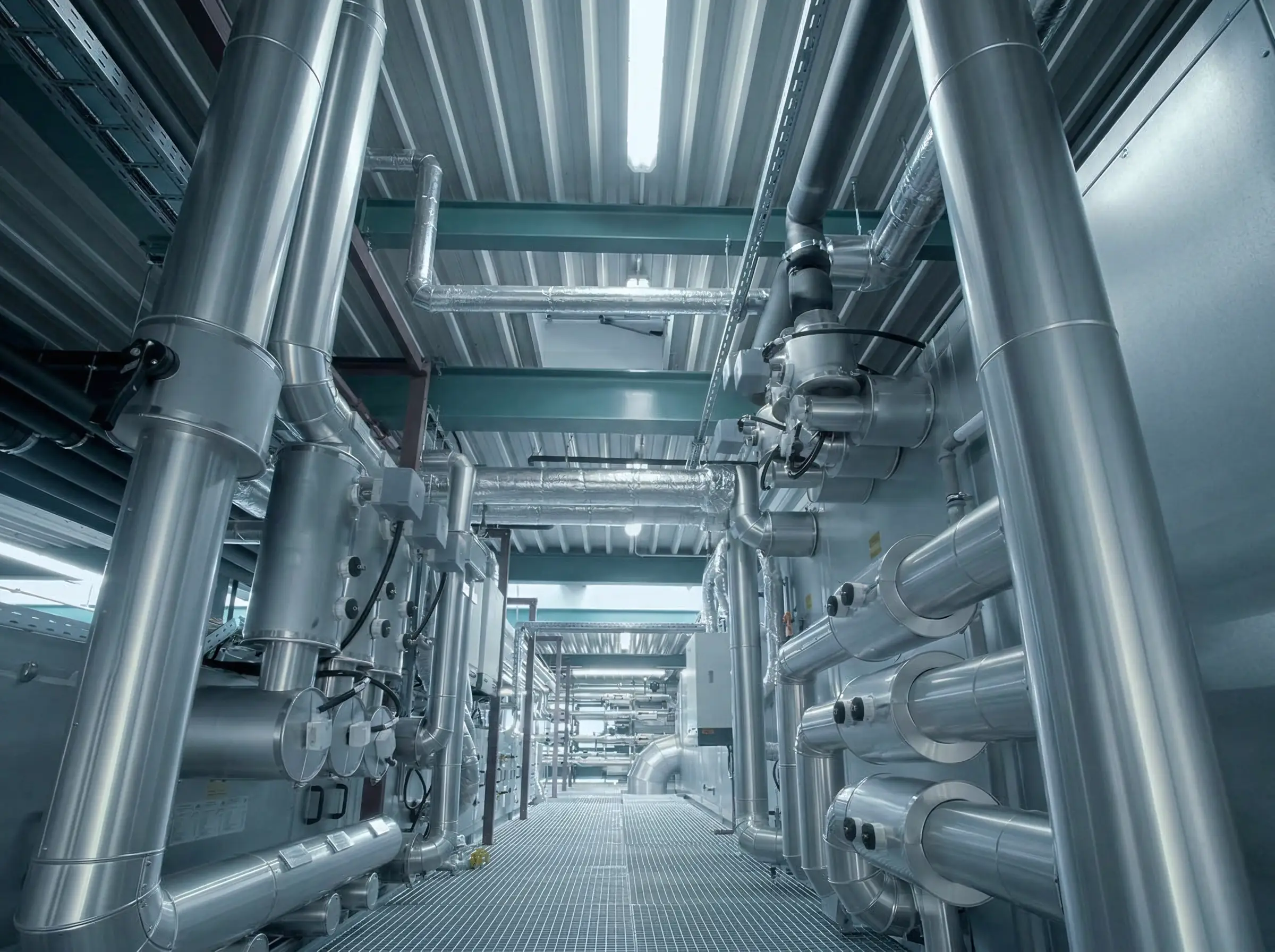 Проектирование, монтаж и обслуживание промышленных систем охлаждени Промышленная система холодоснабжения с трубопроводами и инженерными коммуникациями в техническом помещении предприятия