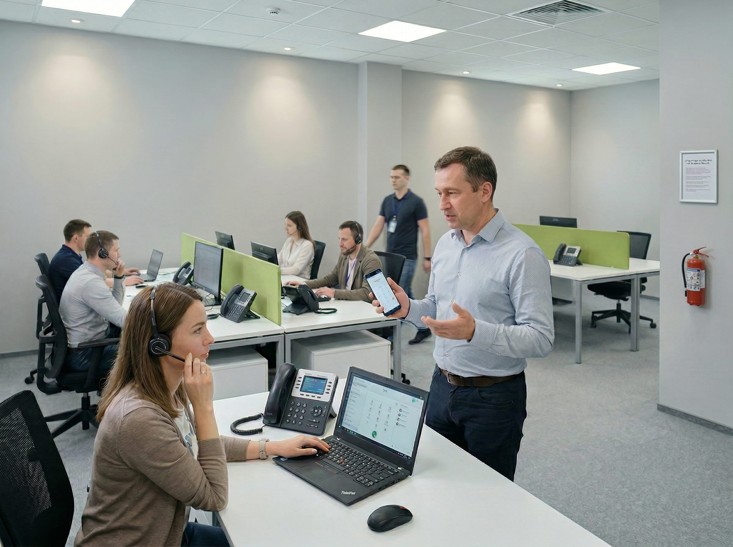IP-телефония с виртуальной АТС для предприятия Сотрудники офиса используют IP-телефонию с виртуальной АТС: рабочие места с IP-телефонами, гарнитурами, ноутбуками и мобильным приложением связи