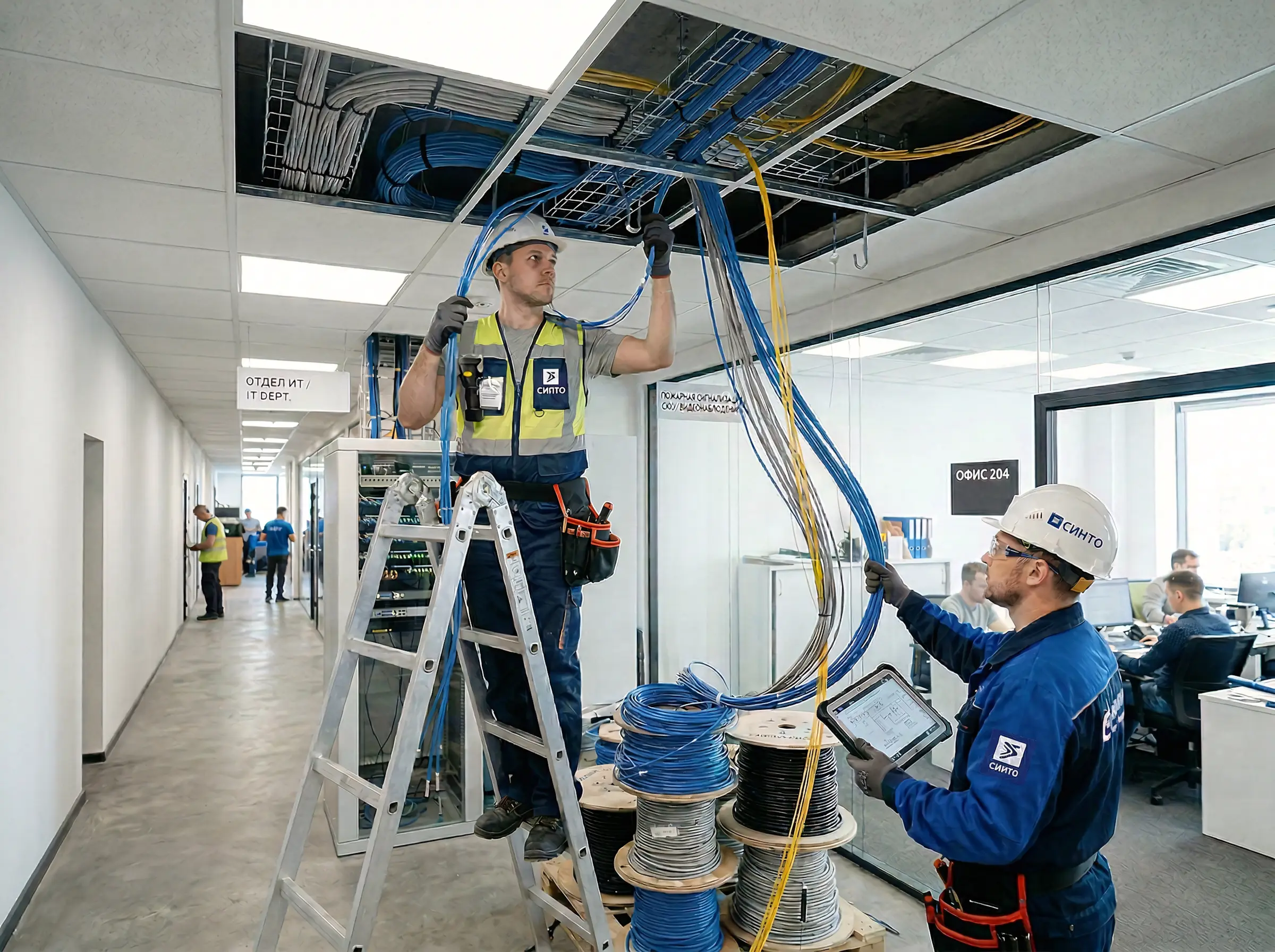 Монтаж СКС и кабельной инфраструктуры в офисном здании Специалисты СИНТО выполняют монтаж структурированной кабельной системы в офисном здании: прокладка сетевых кабелей, установка кабельных трасс и подключение рабочих мест
