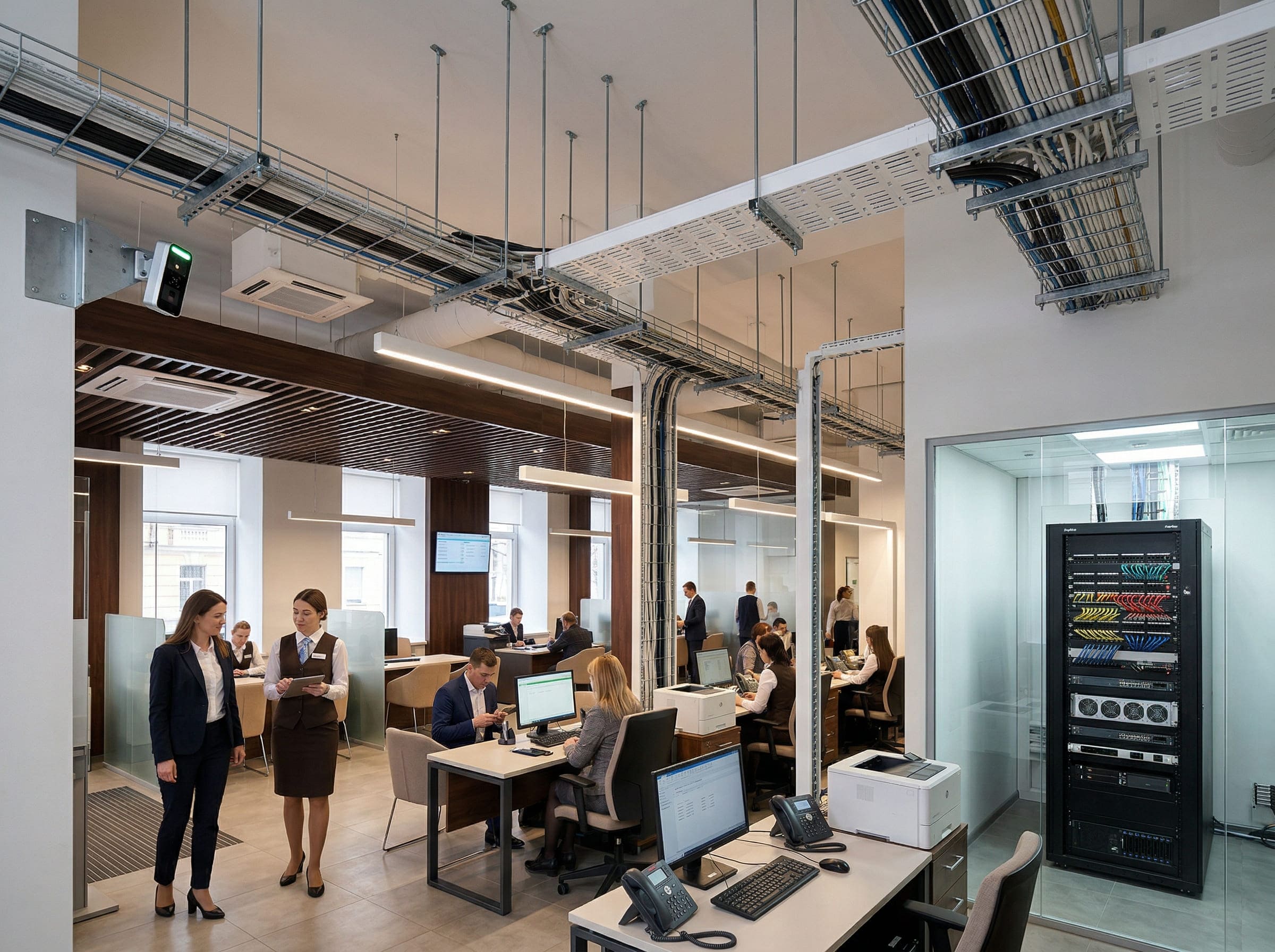 Современный офис с открытыми кабельными лотками под потолком, рабочими местами сотрудников и серверным шкафом за стеклом Офисное пространство с серверным шкафом и кабельной инфраструктурой