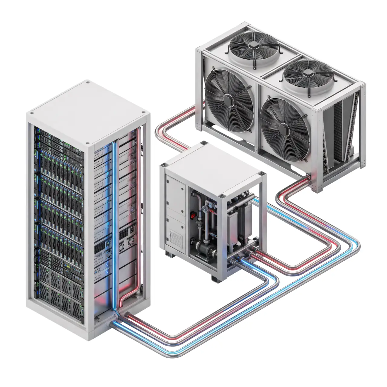 Устройство системы жидкостного охлаждения для высокопроизводительных серверов Схема работы системы водяного охлаждения для ЦОД: серверная стойка, насосный модуль и внешний теплообменник с вентиляторами, соединенные трубами