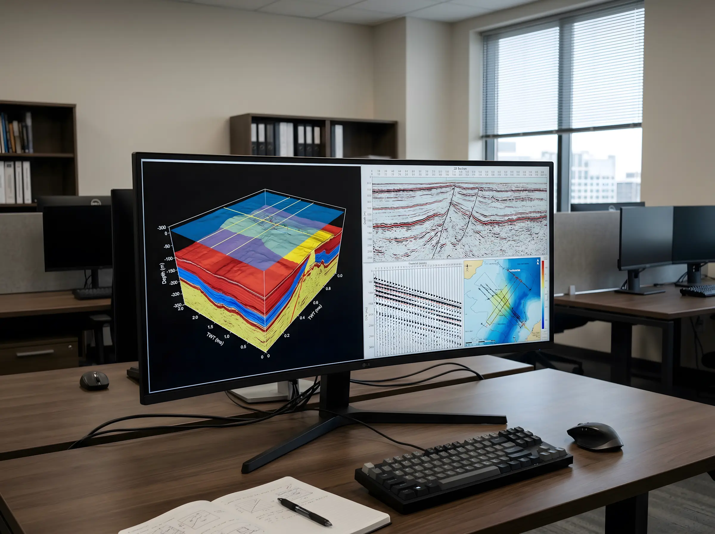 Компьютерный монитор с геологоразведочными 3D-моделями и сейсмическими данными на рабочем столе в офисе