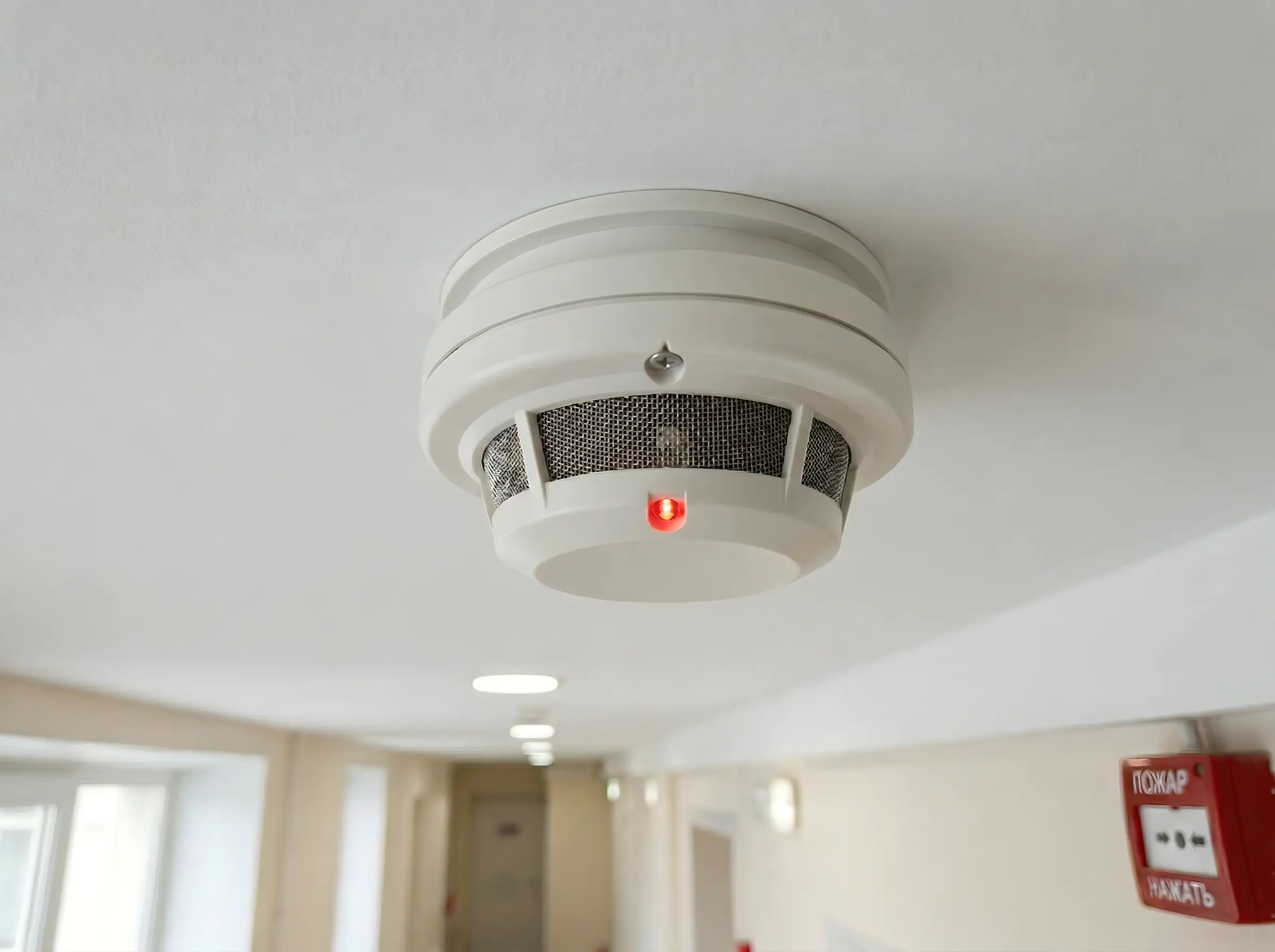 Система пожарной сигнализации - дымоуловитель на чистом белом потолке