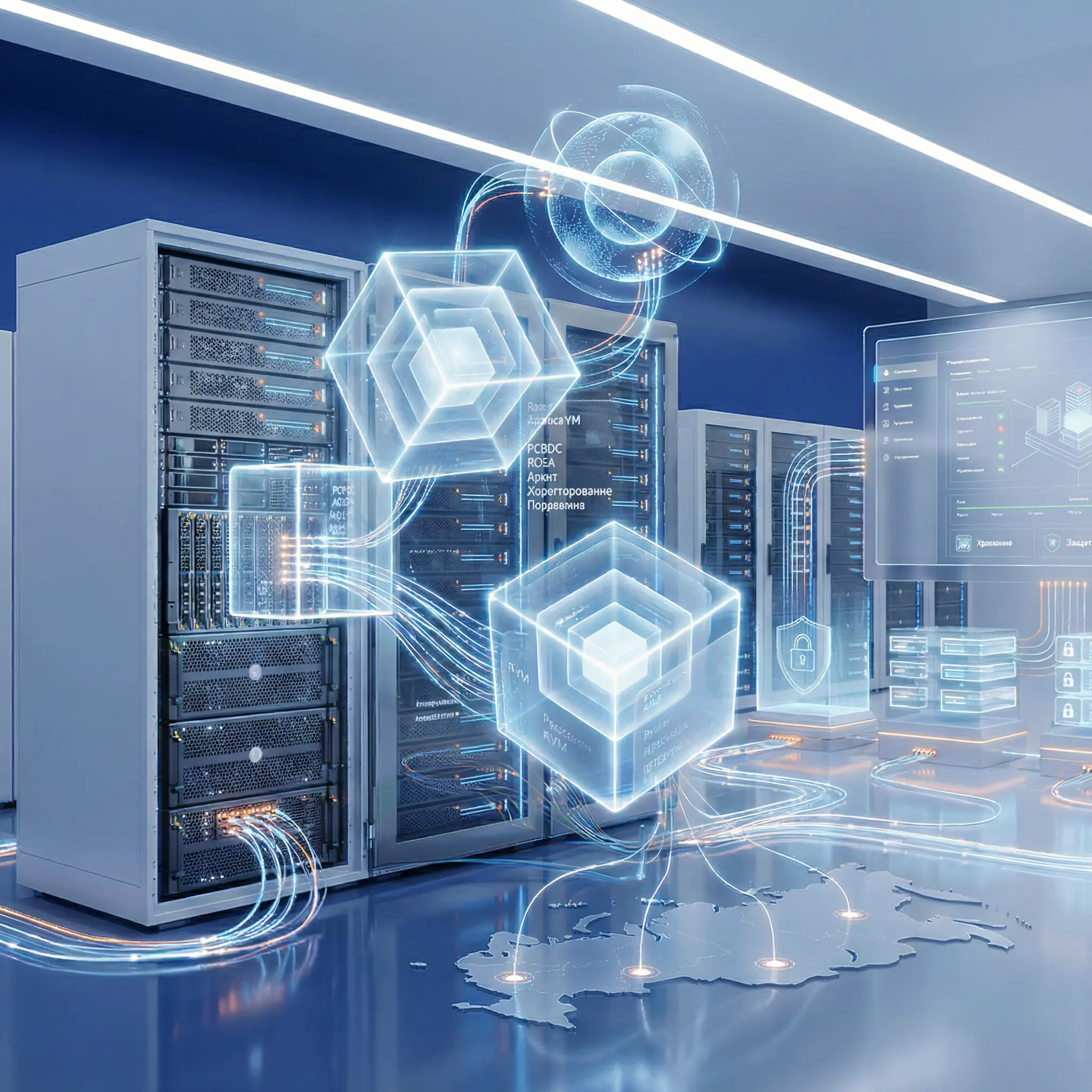Визуализация виртуализации ИТ-инфраструктуры с голограммами данных и серверами.