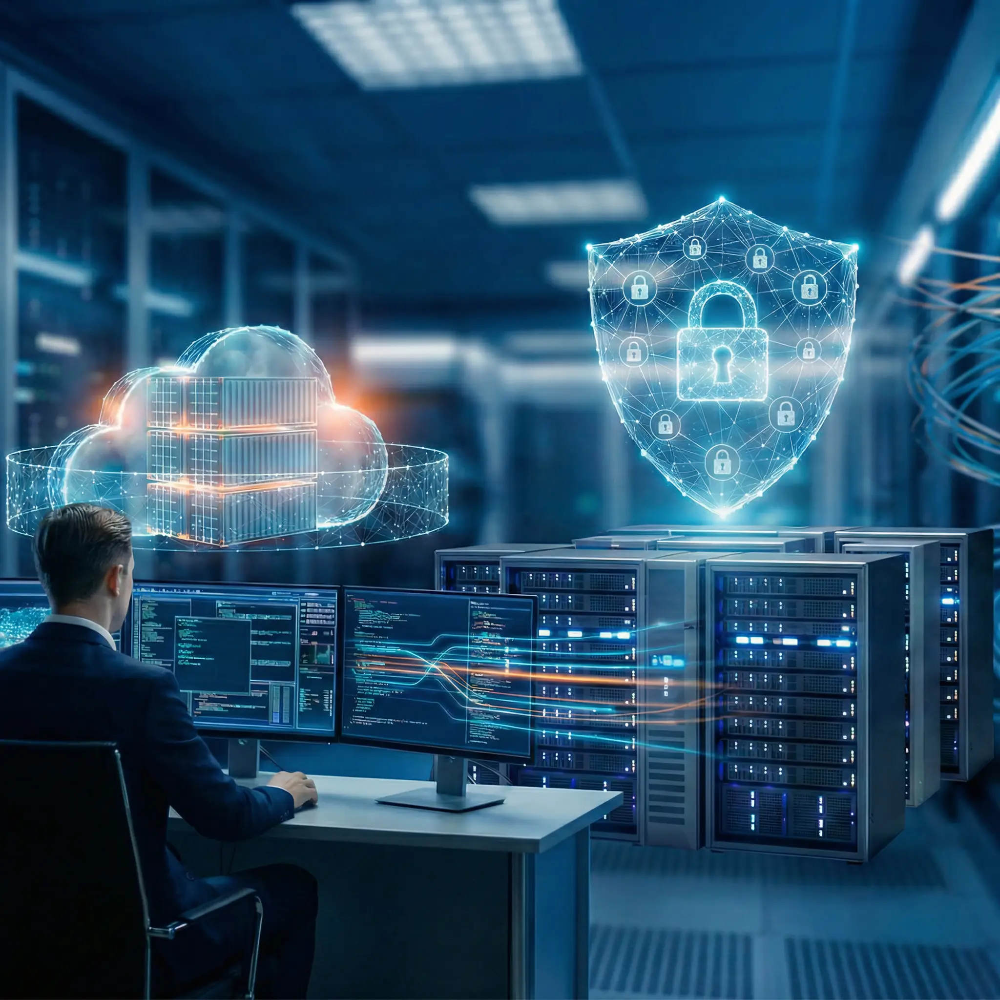 Услуги по информационной безопасности: системный администратор настраивает защиту корпоративных данных, серверов и облачной инфраструктуры от киберугроз в современном дата-центре.