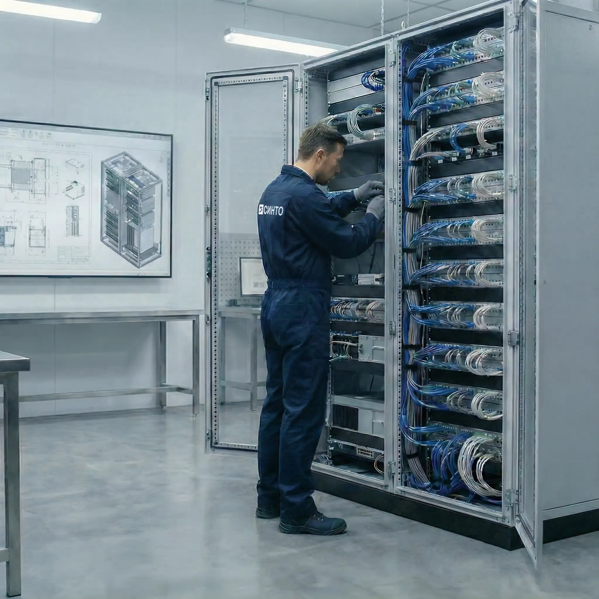 Сотрудник СИНТО занимается проверкой слаботочных систем в помещении с серверным шкафом