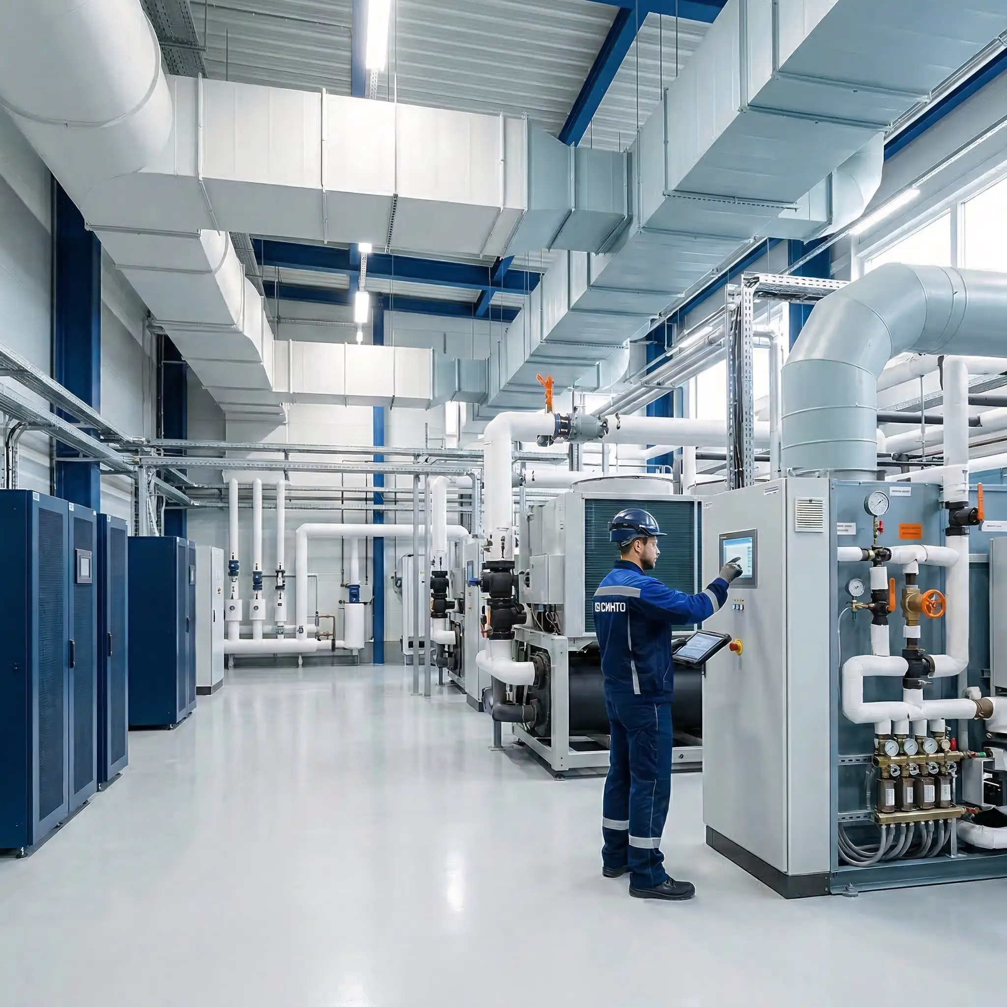 Сотрудники компании СИНТО проводят обслуживание инженерных систем в помещении