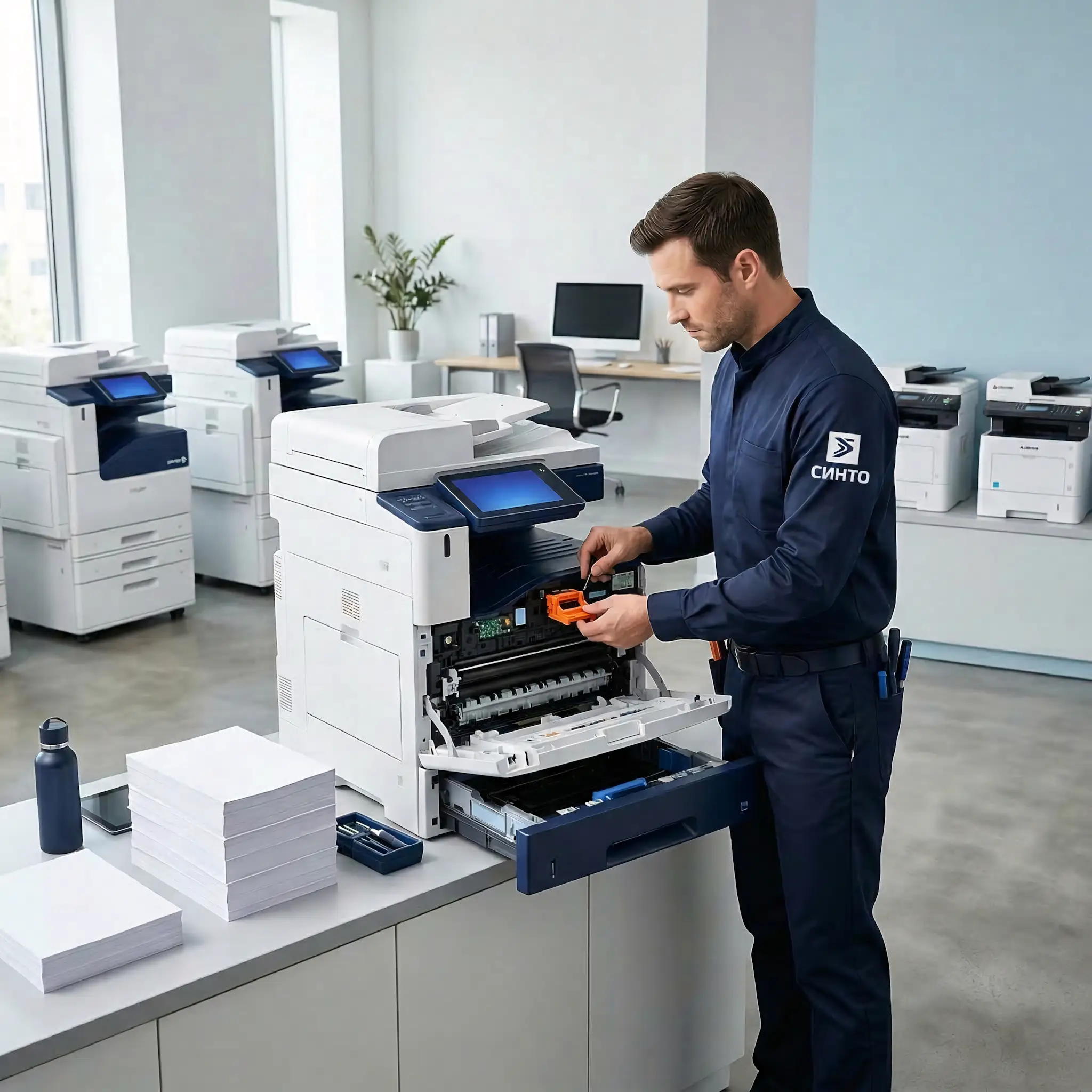 Сервисный инженер компании СИНТО проводит техническое обслуживание крупного офисного МФУ. Специалист заменяет расходные материалы в открытом отсеке копировального аппарата; рядом на столе лежат пачки бумаги.