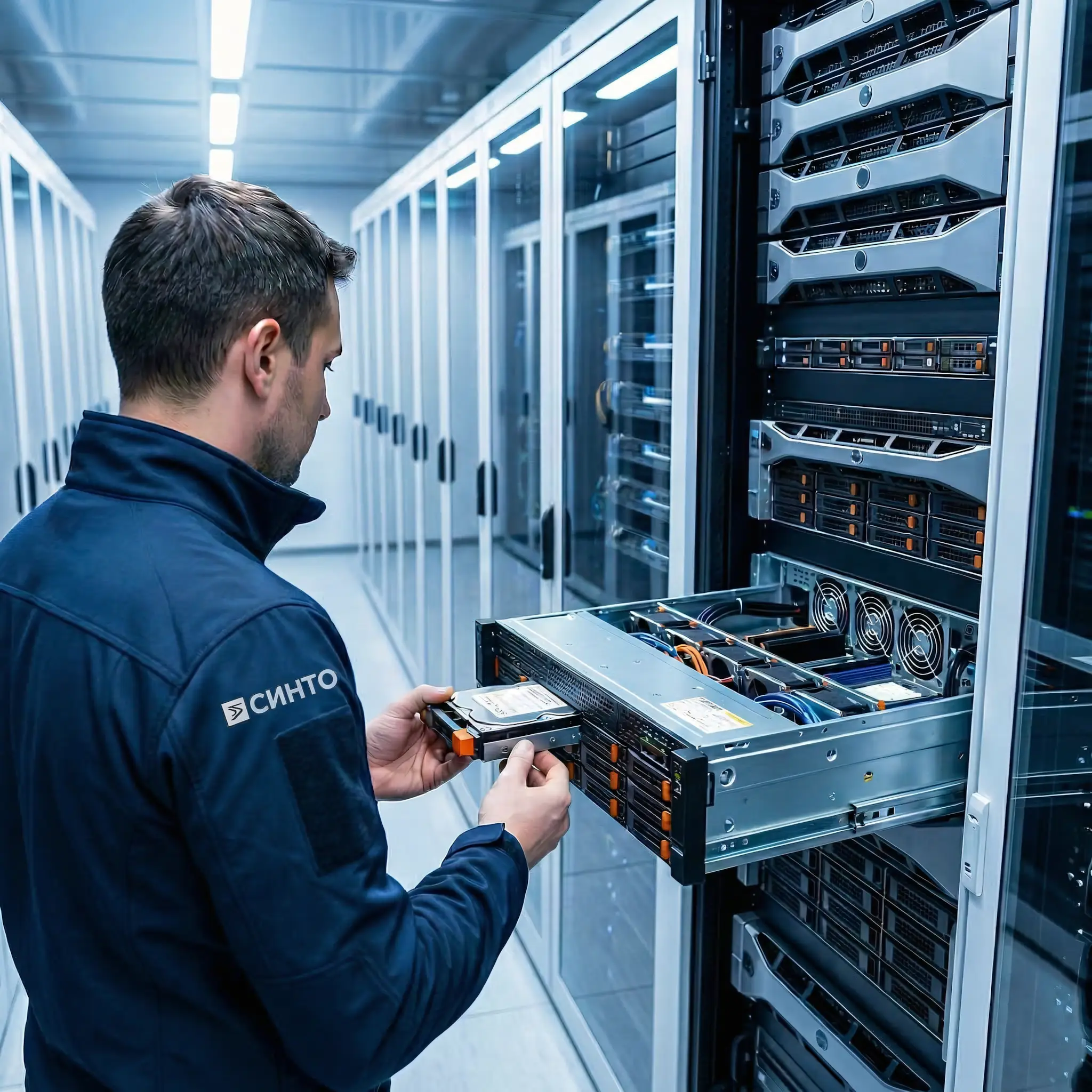 Инженер компании СИНТО меняет жесткий диск в сервере в дата-центре.