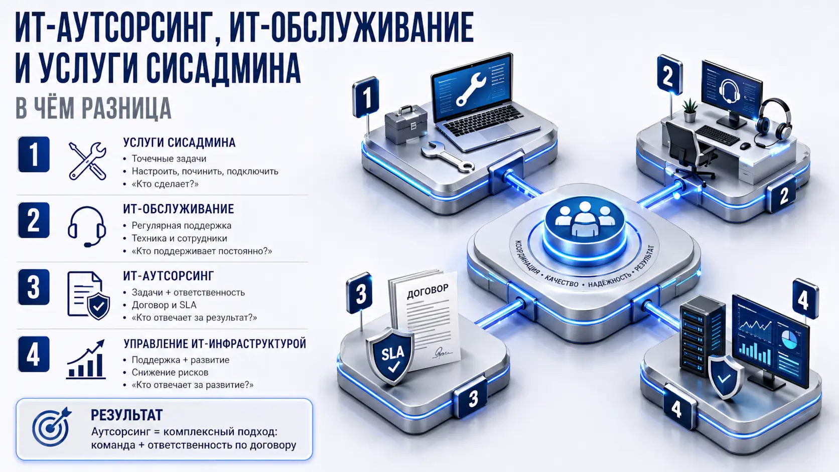 Изометрическое изображение - отличие ИТ-аутсорсинга и ИТ-обслуживания и услуг сисадмина