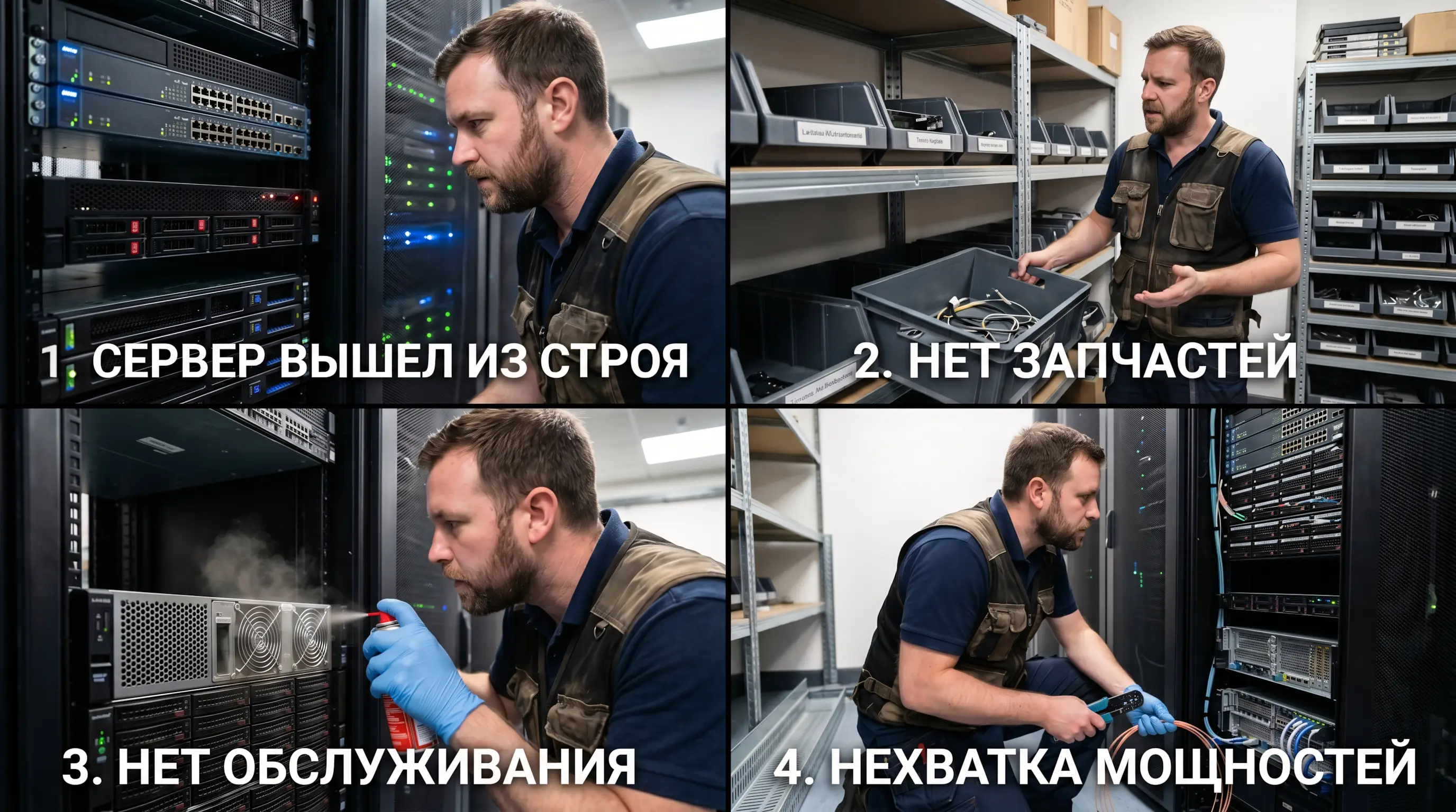 Коллаж из 4х изображений. Инженер в серверной с надписью 1. Сервер вышел из строя, на складе надпись - 2. Нет запчастей, продувает кулер - 3. Нет обслуживания, заменяет оборудование серверной - 4. Нехватка мощностей