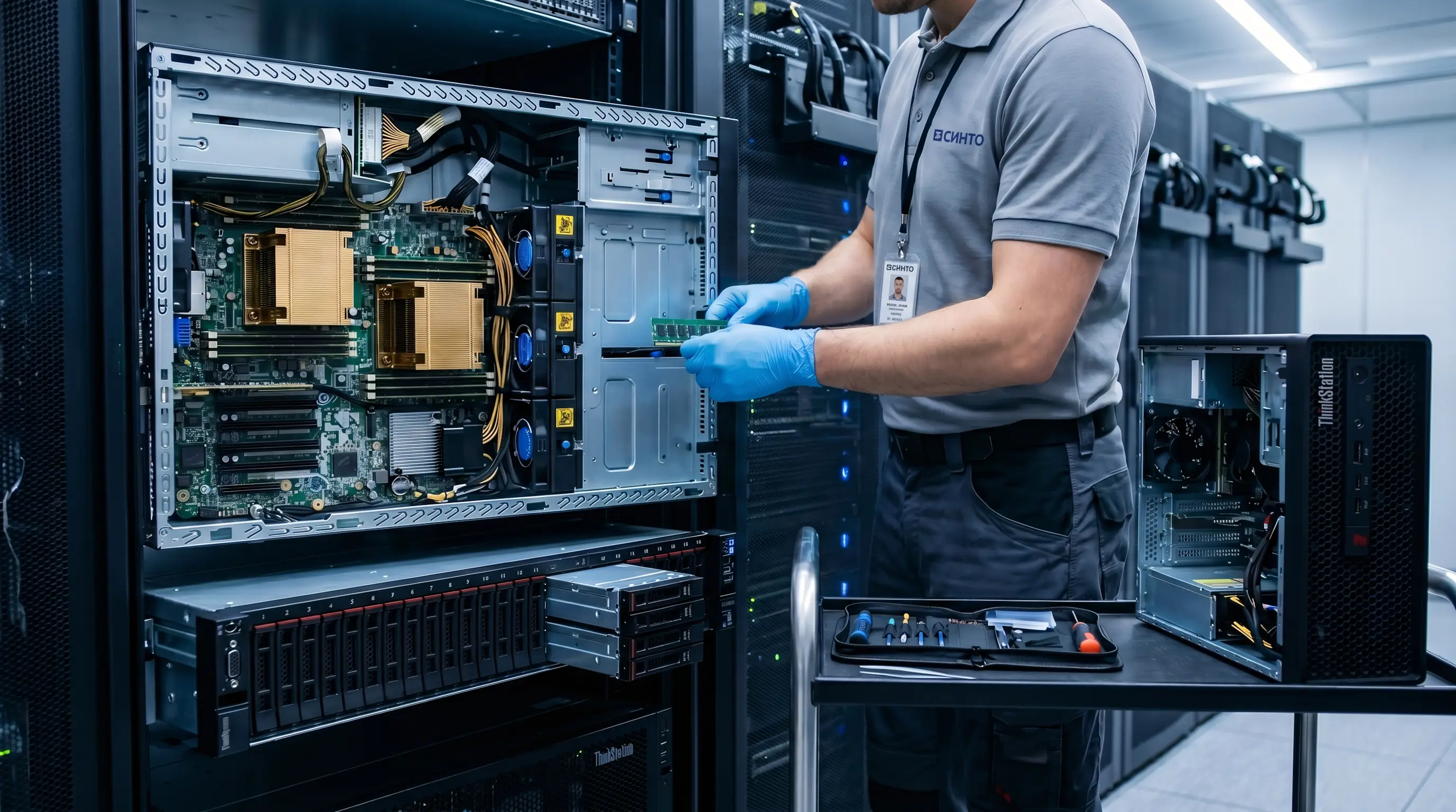 Сотрудник СИНТО в перчатках и форме ремонтирует серверное оборудование Lenovo