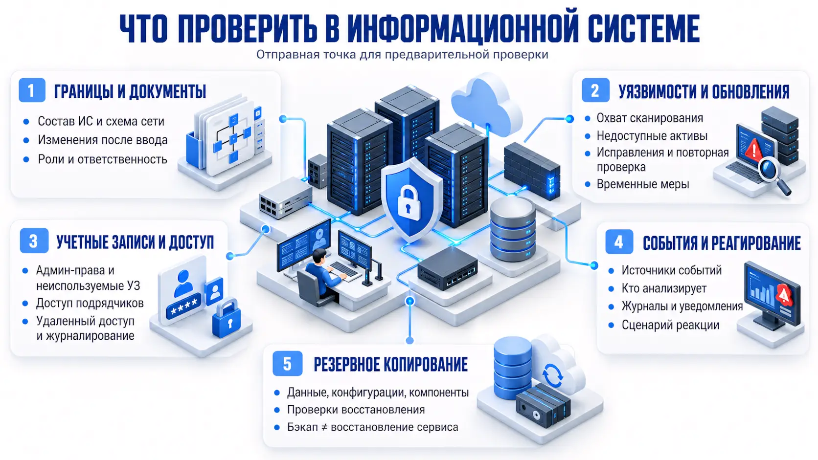 Инфографика «Что проверить в информационной системе». В центре расположена 3D-схема ИТ-инфраструктуры с серверами, облаком, рабочим местом администратора и щитом безопасности с замком. Вокруг схемы находятся пять блоков с рекомендациями