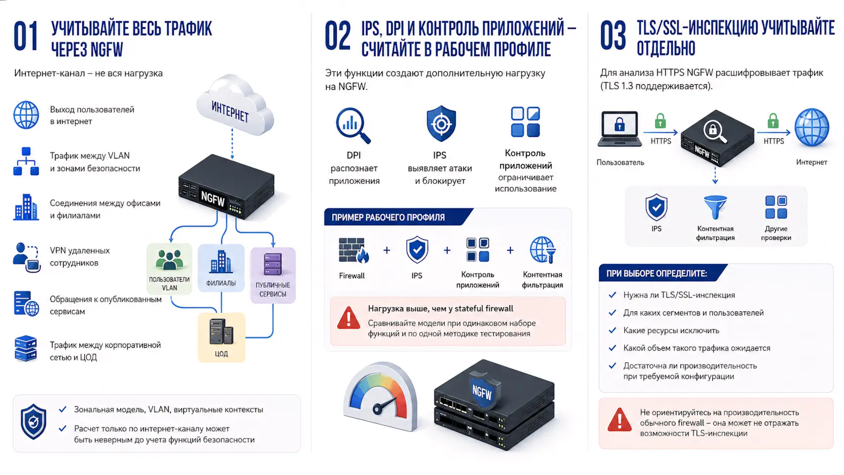 Инфографика - Что учитывать при выборе межсетевого экрана - весь трафик, IPS, DPI и контроль приложений, TLS/SSL