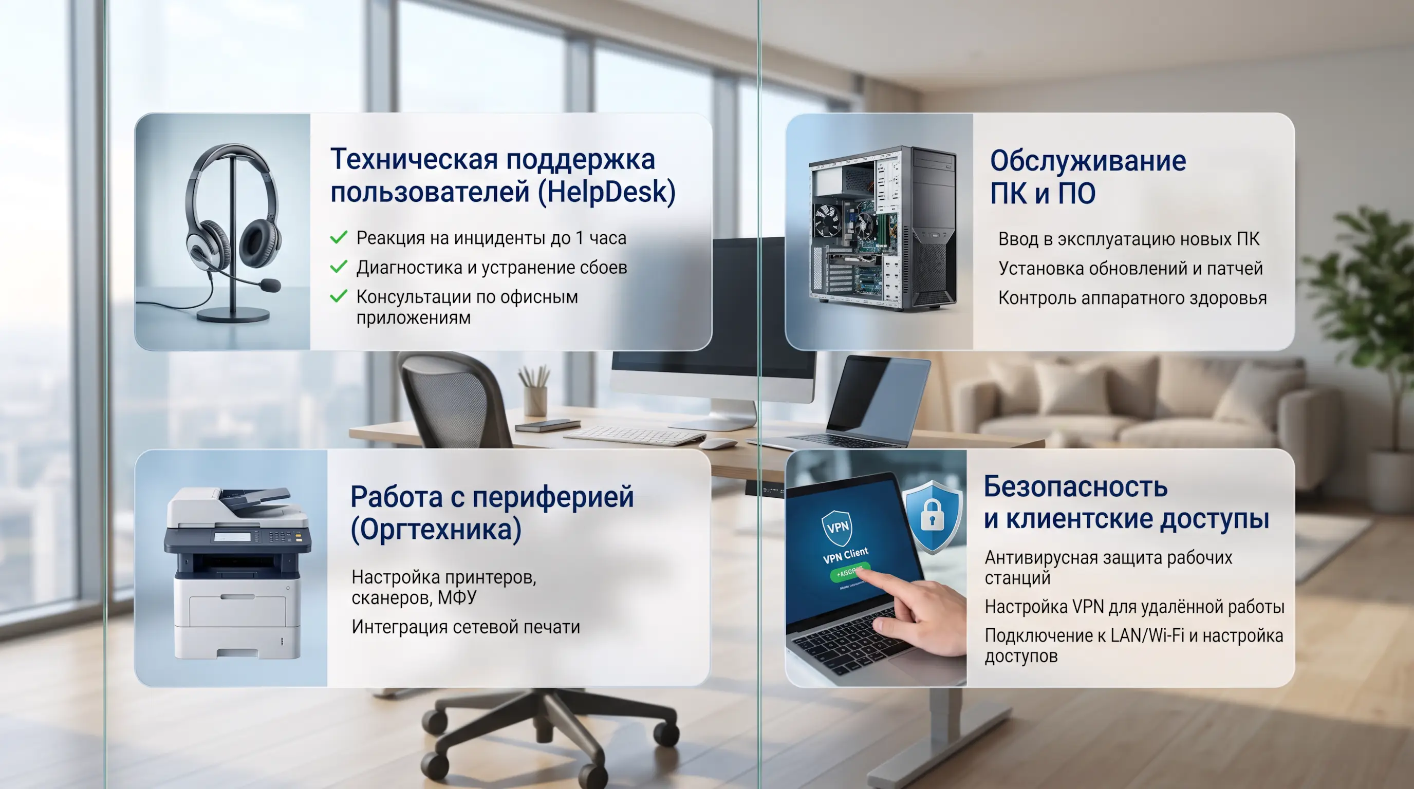 Что входит в обслуживание АРМ - изображение офиса и 4 карточки - техническая поддержка, обслуживание ПК и ПО, работа с периферией, безопасность и клиентские доступы.