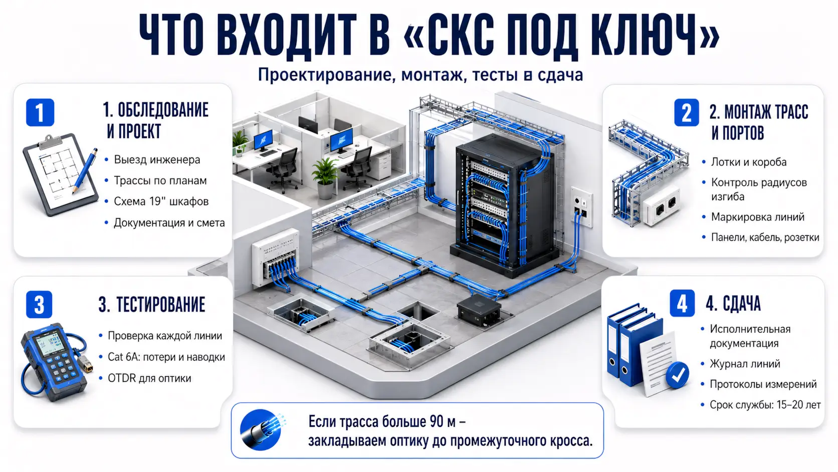 Что входит в СКС под ключ - изометрическая схема этапов в 3Д