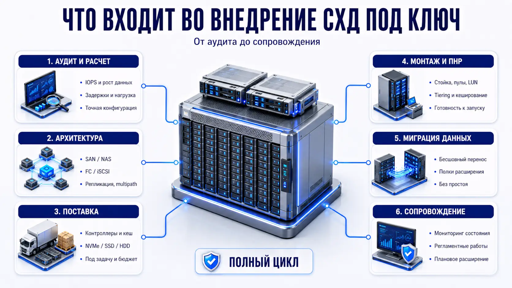 Что входит во внедрение СХД под ключ - аудит, архитектура, поставка, монтаж, миграция данных, сопровождени