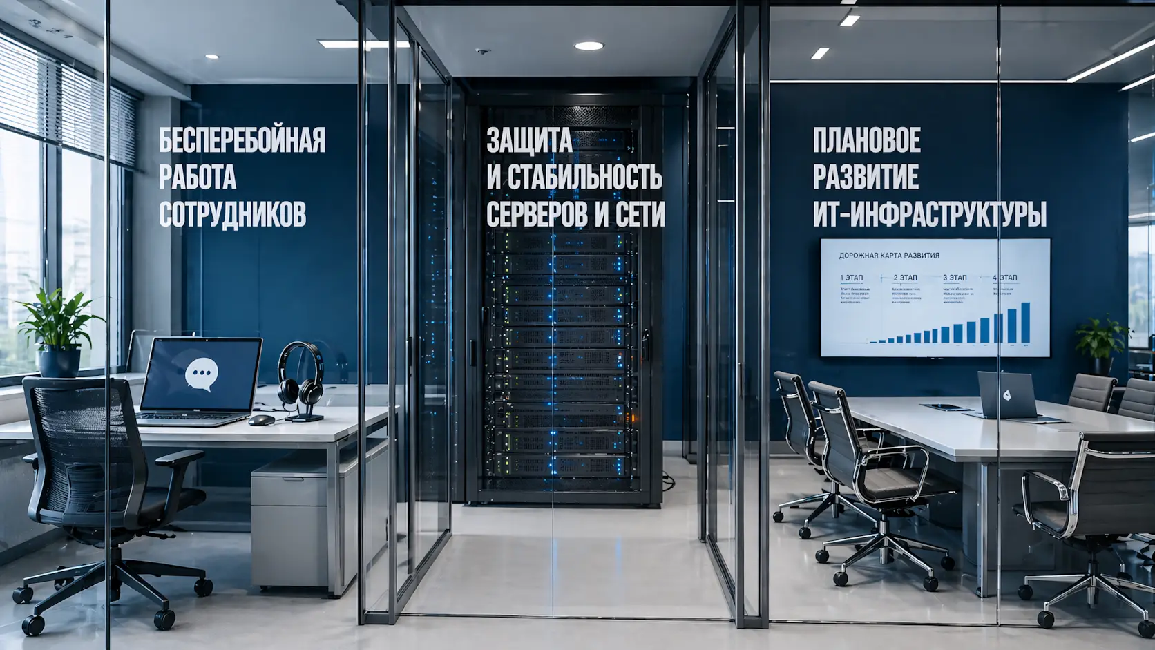 Изображение разделенное на 3 части - слева рабочее место инженера поддержки, открытый ноутбук с логотипом чата, посередине аккуратный фрагмент серверной стойки, голубые индикаторы, справа тол для совещаний с большим монитором