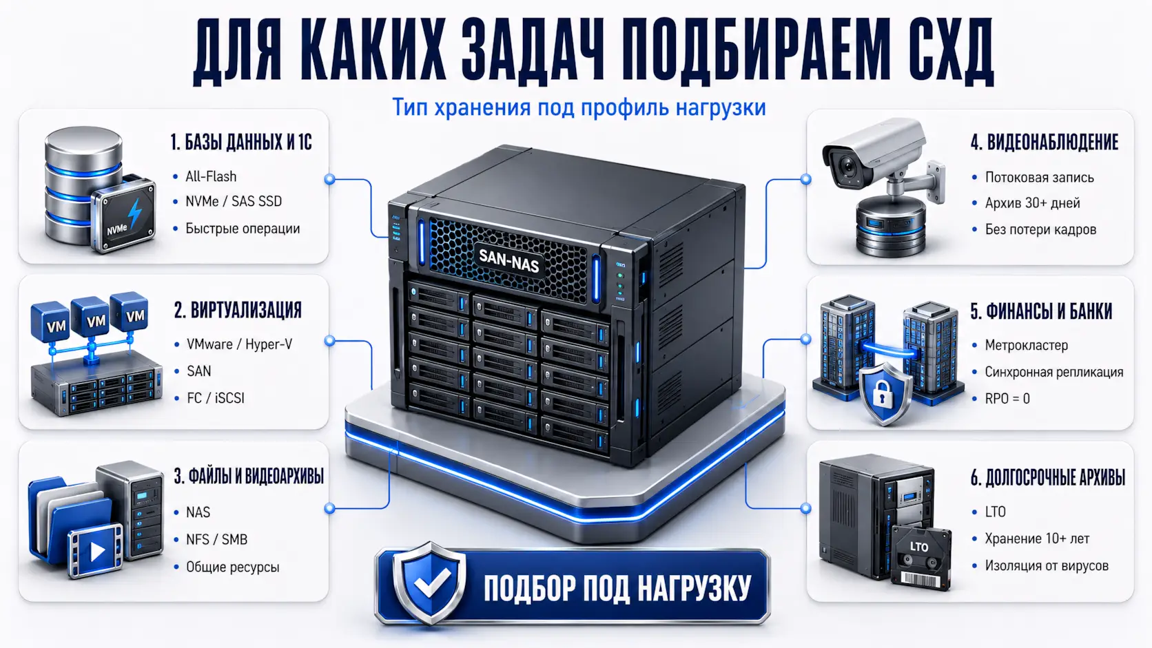Для каких задач подбираем СХД - базы данных, виртуализация, видеонаблюдение, финансы и банки, долгосрочное хранение, файловые ресурсы