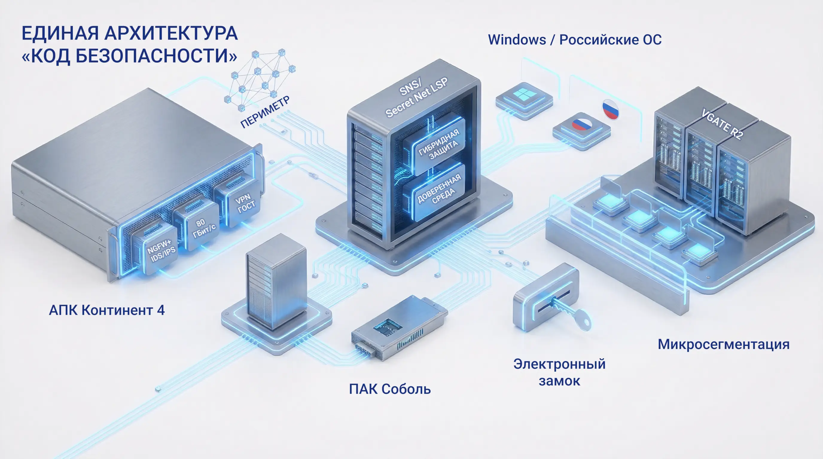 Изометрическое изображение архитектуры безопасности для российских платформ на базе продуктов компании «Код Безопасности»