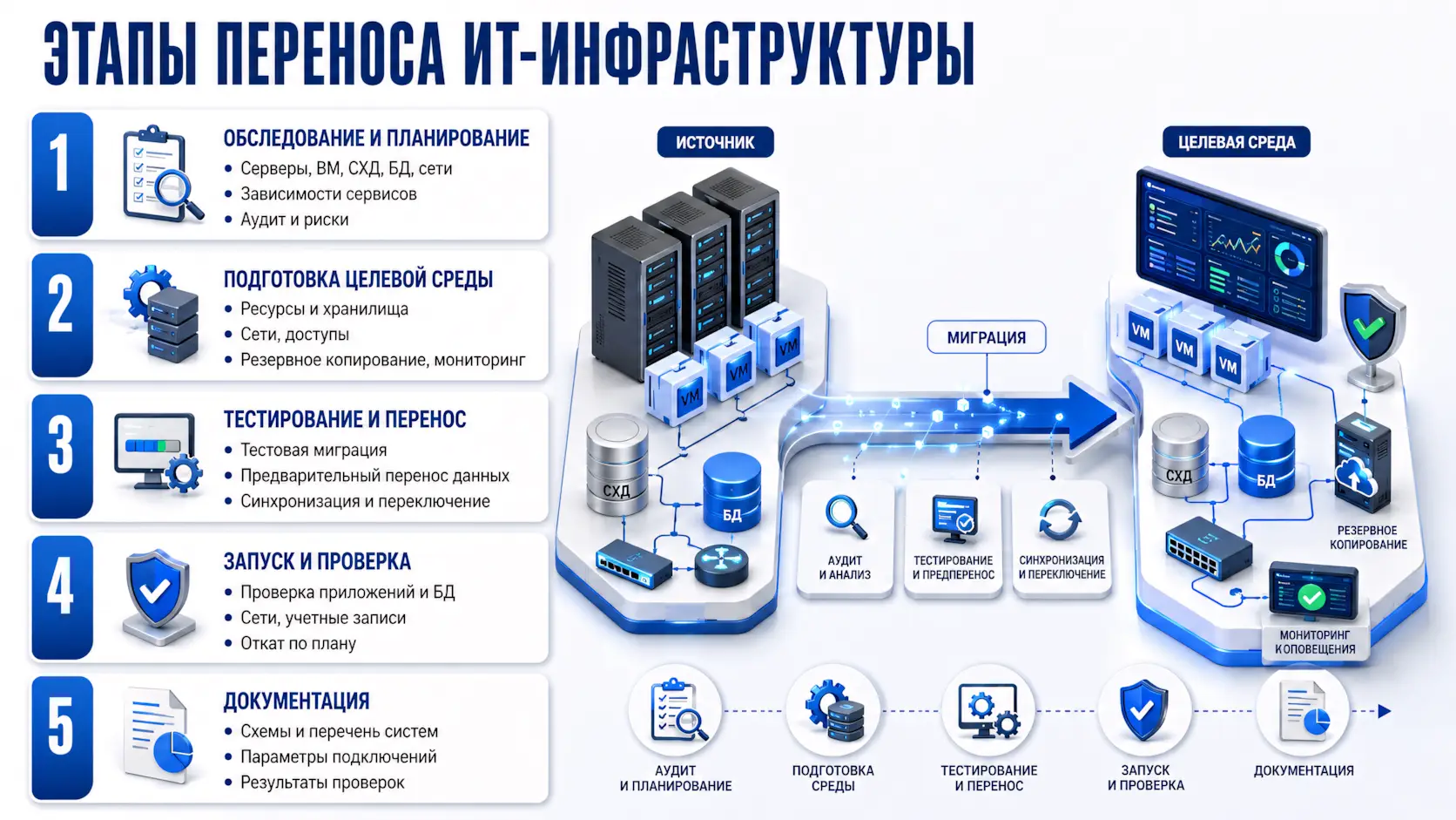 Этапы переноса ИТ-инфраструктуры - обследование и тестирование, подготовка целевой среды, тестирование и перенос, запуск и проверка, документация