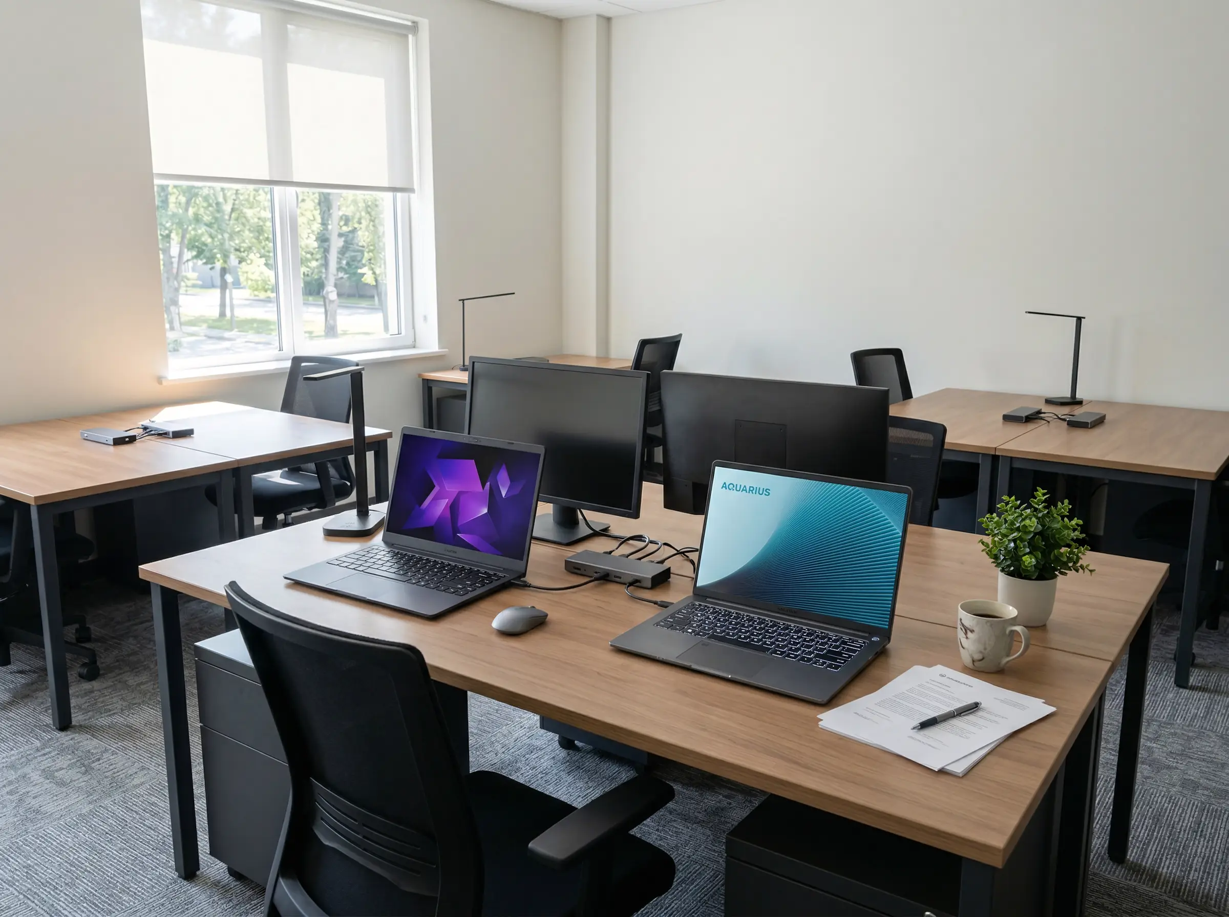 Рабочее пространство офиса с ноутбуками и компьютерами без людей