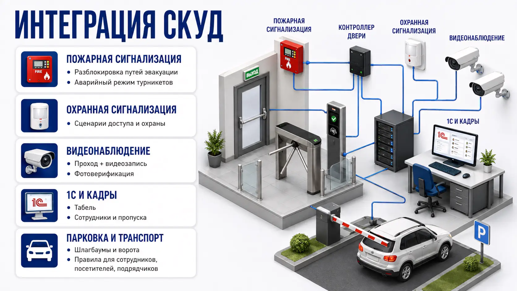 Интеграция СКУД с системами предприятия - 3д изометрия - пожарная сигнализация, охранная сигнализация, видеонаблюдение, 1с и кадры, парковка и транспорт