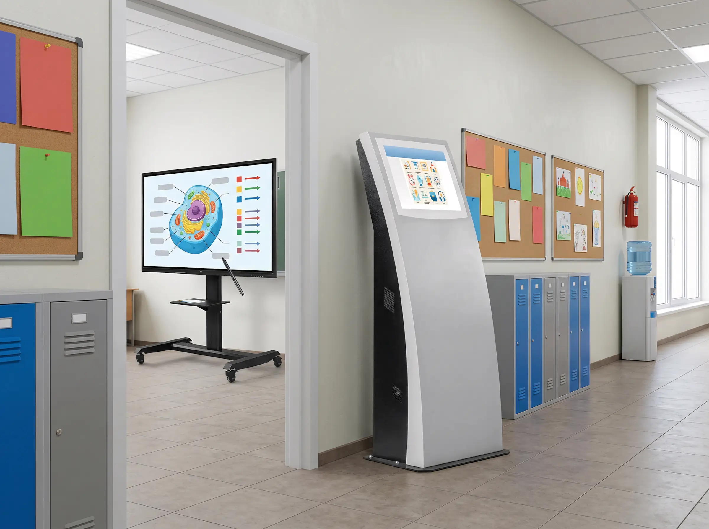 Интерактивное оборудование InfoRay - панель слева и справа интерактивный киоск для школы