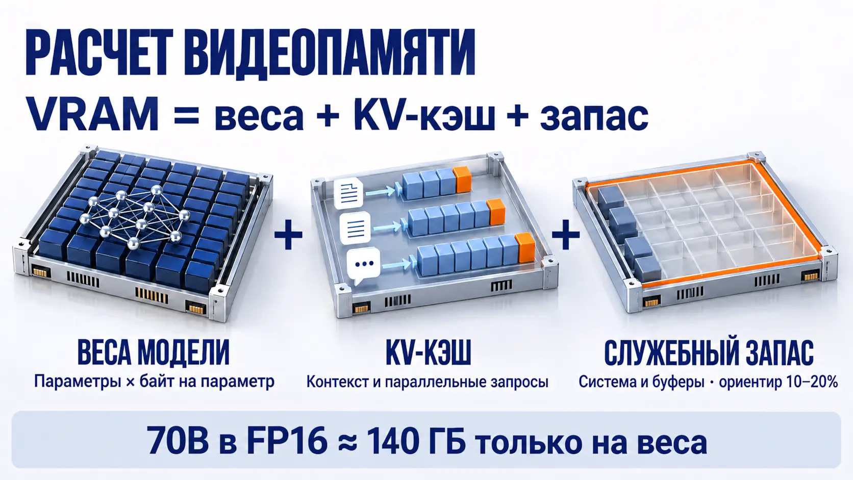 Формула расчета VRAM для нейросетей: веса модели + KV-кэш + запас. Пример: LLM 70B в FP16 требует ~140 ГБ.